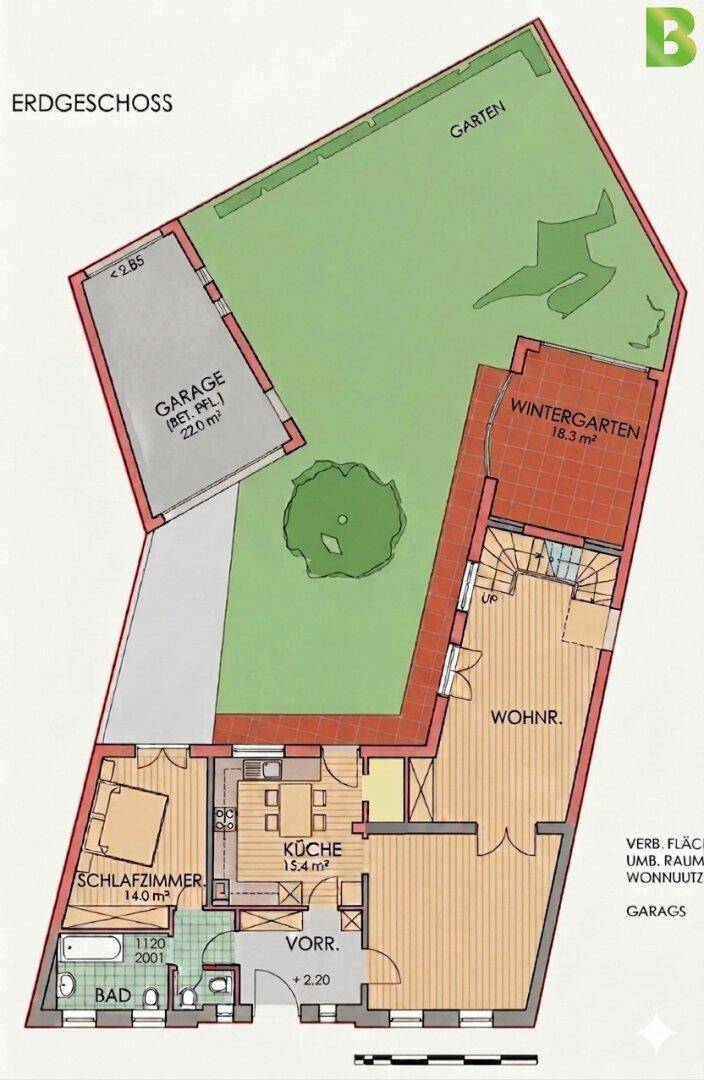 Grundriss des Erdgeschosses mit Wohnzimmer, Küche, Schlafzimmer und Garten.