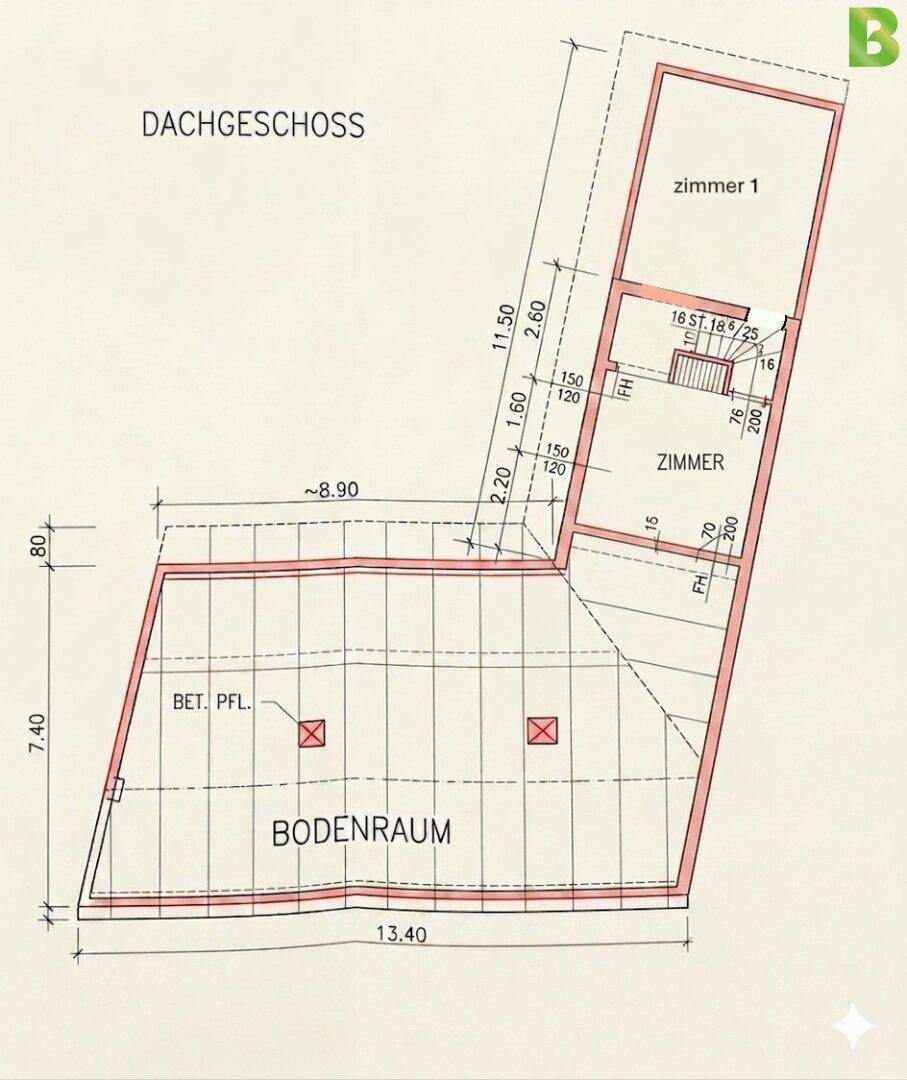 Grundriss des Dachgeschosses mit Zimmern und Abstellfläche.