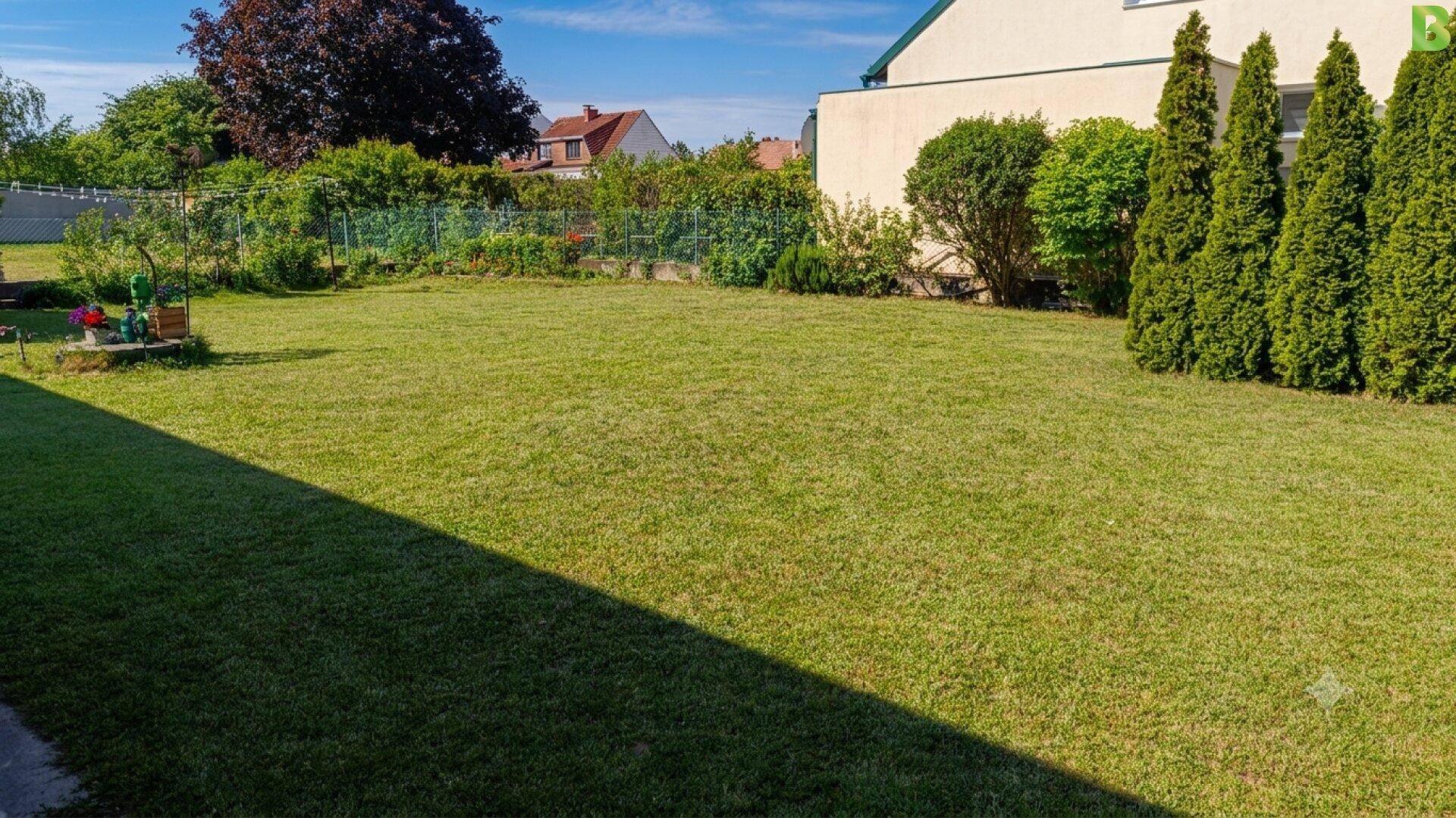 Großer, gepflegter Garten mit Rasenfläche und hohen Hecken.