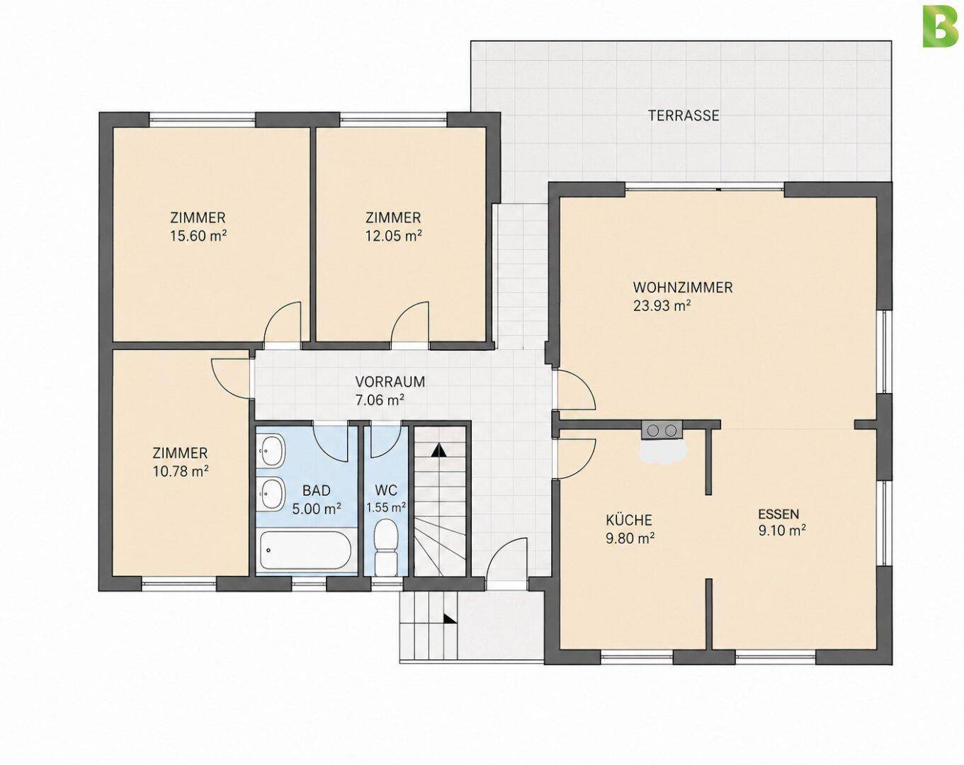 Grundriss des Erdgeschosses mit drei Zimmern, Bad, WC und großer Terrasse.