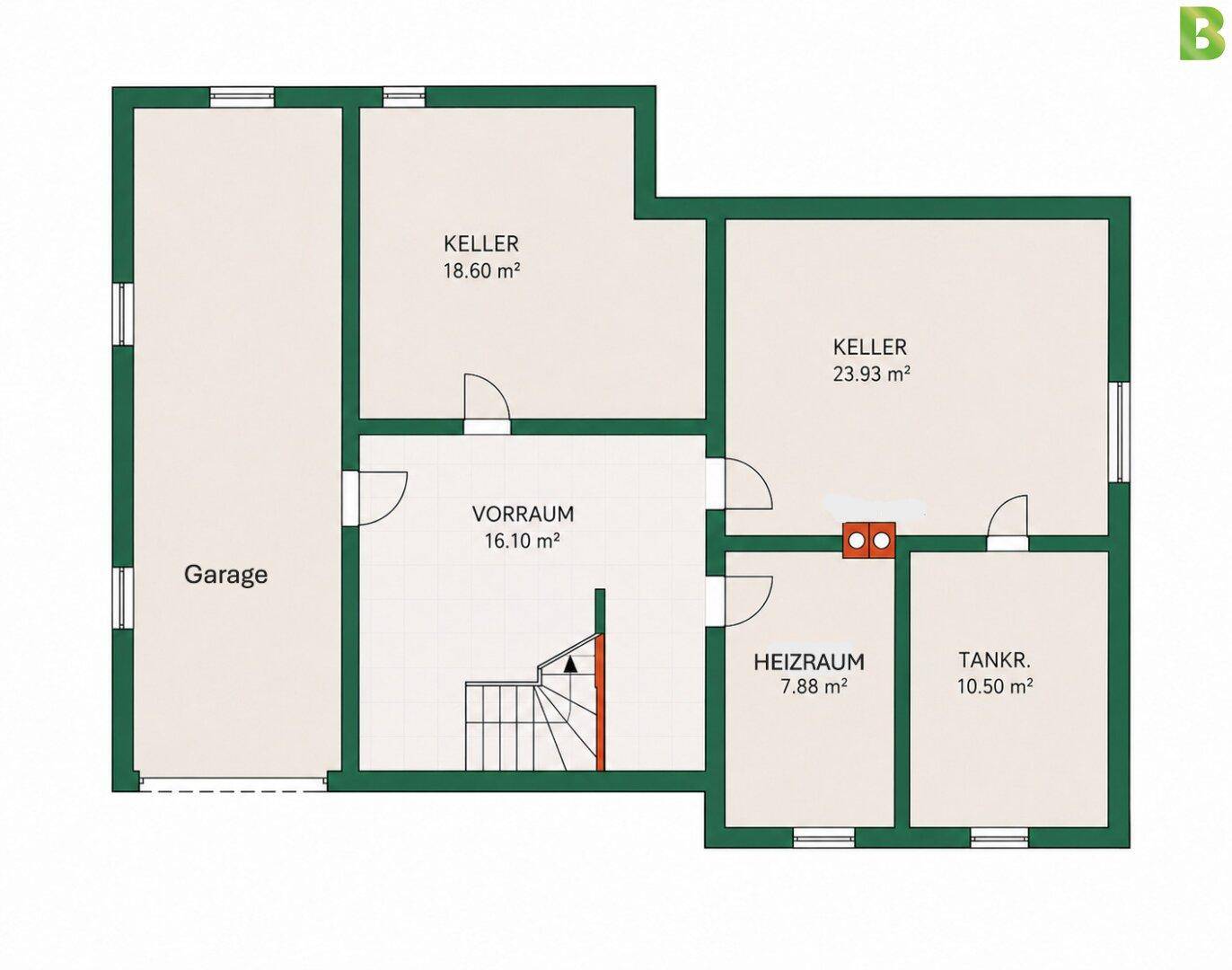 Grundriss des Kellergeschosses mit Garage, Heizraum und Lagerräumen.