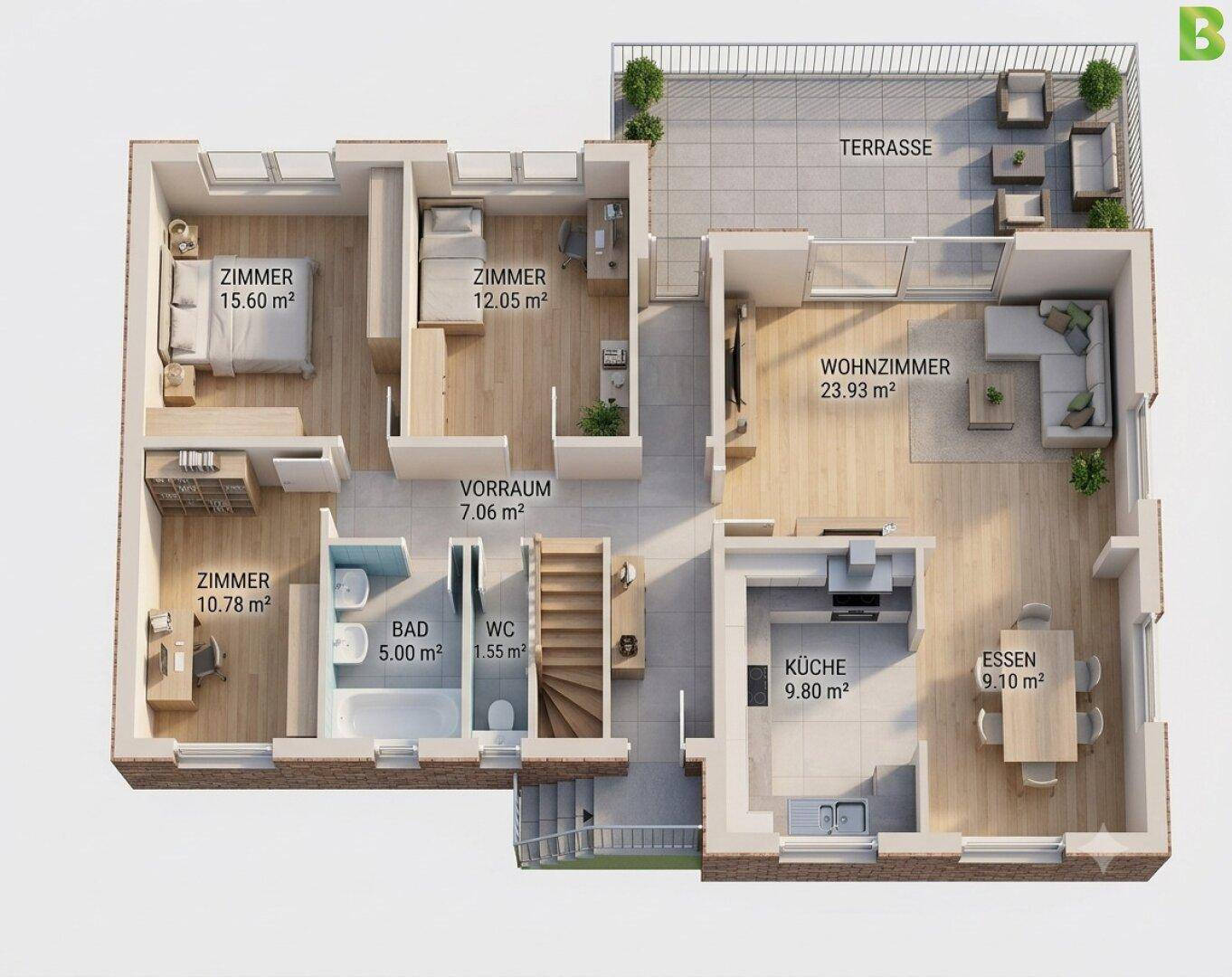 3D-Grundriss des Erdgeschosses mit möblierten Räumen und großer Terrasse.
