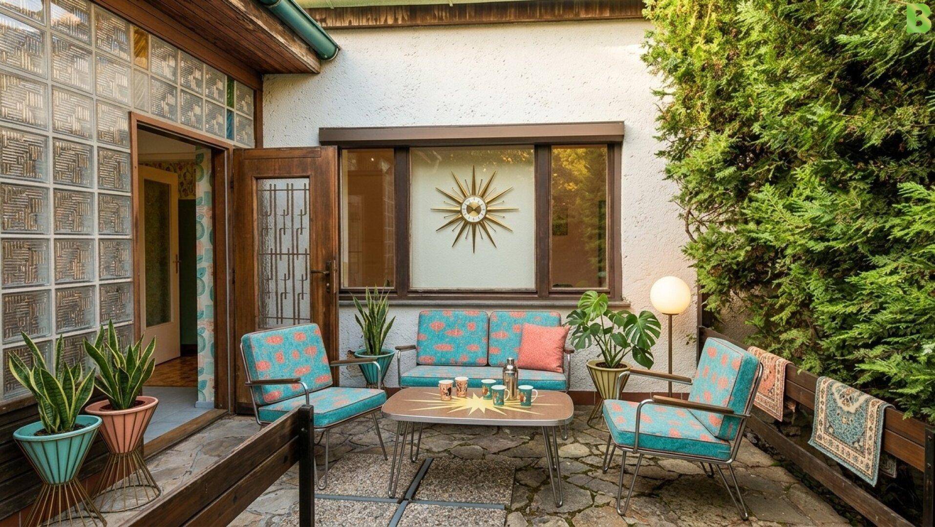 Gemütliche Terrasse im Retro-Stil mit Sitzgelegenheiten und Pflanzen, ideal zum Entspannen.