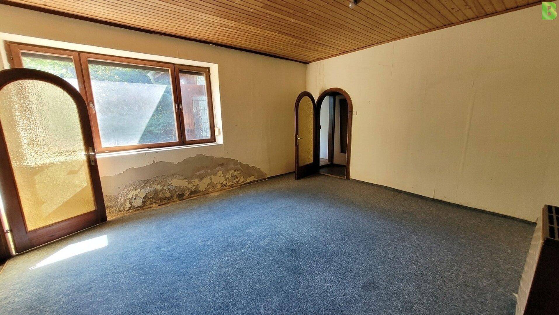Geräumiges Zimmer mit Teppichboden, Holzdecke und Fenstern mit Blick ins Grüne.