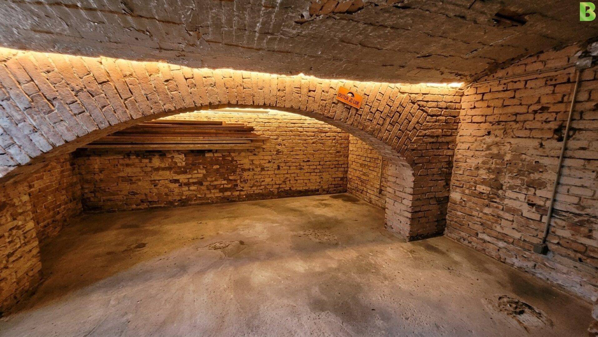 Historischer Gewölbekeller mit Ziegelwänden und indirekter Beleuchtung, ideal für Lagerung.