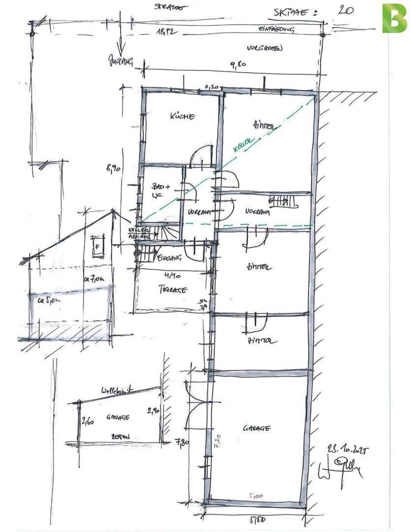 Handgezeichneter Grundriss des Erdgeschosses mit Küche, Bad und Garage.