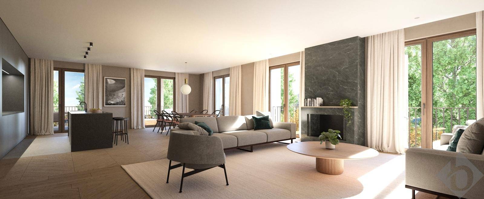 Lichtdurchfluteter Wohnbereich mit modernem Kamin, stilvollen Möbeln und großen Fensterfronten.