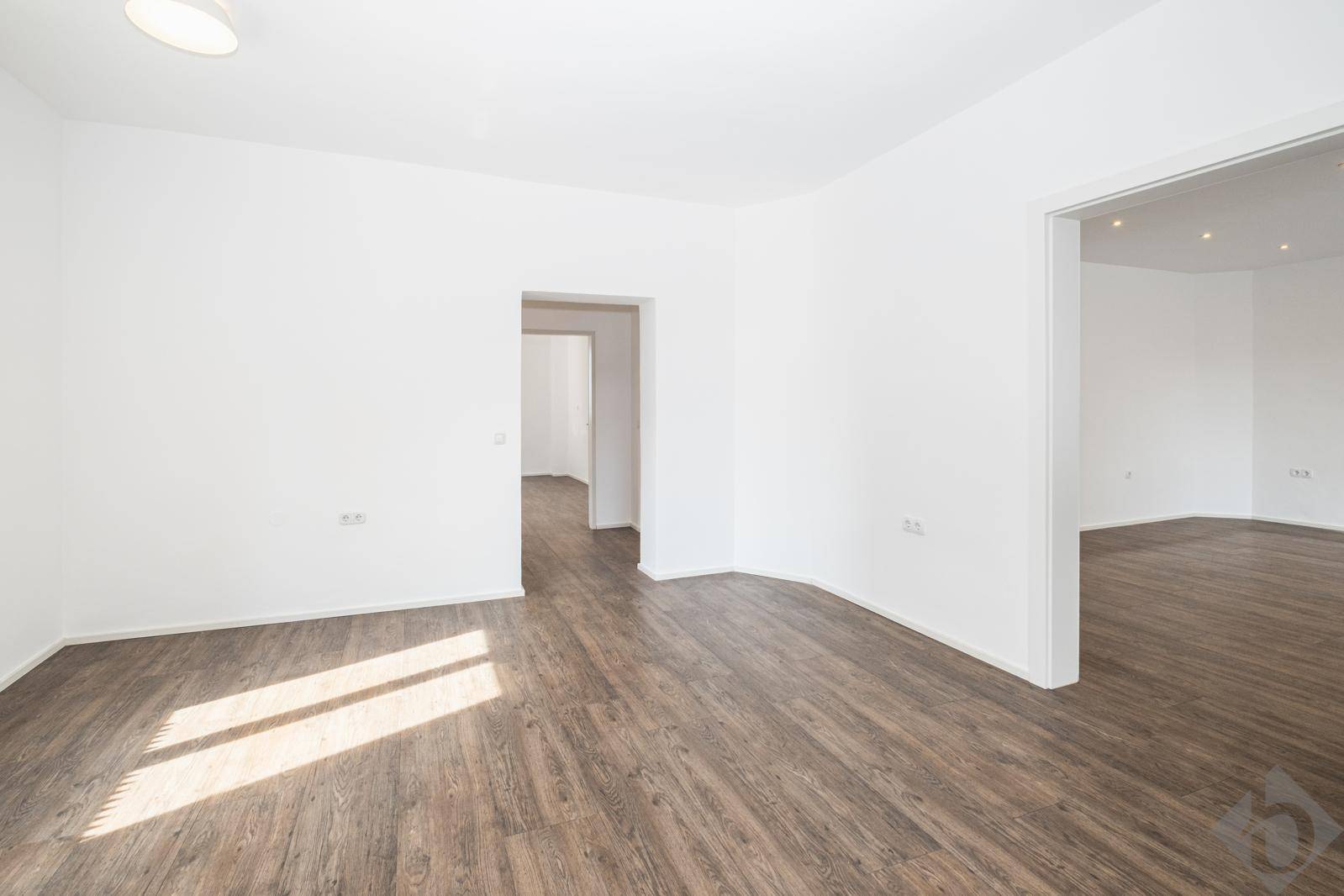 Offener Wohnbereich mit Laminatboden und Durchgängen zu weiteren Zimmern.