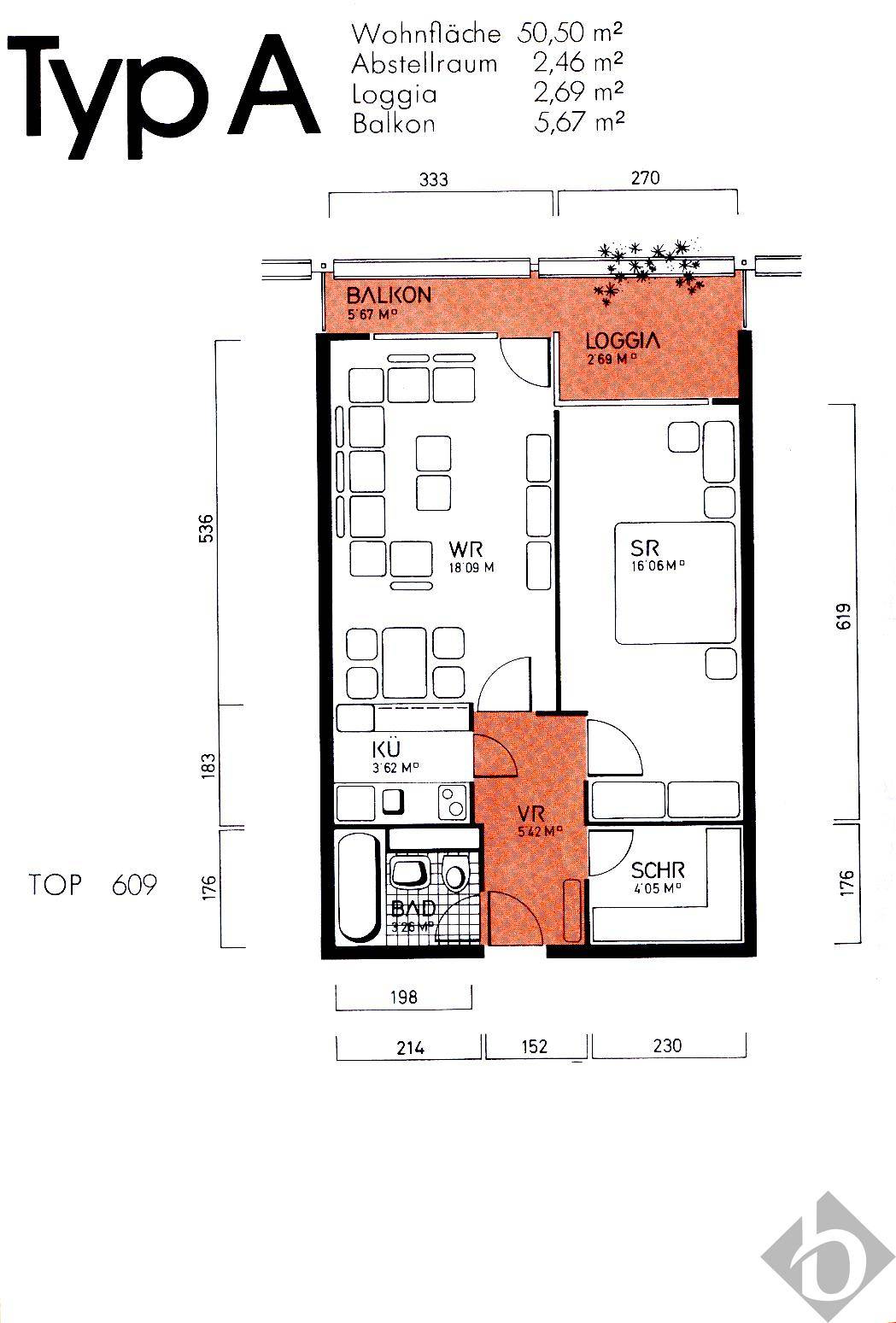 Grundriss Typ A mit Wohn-, Schlaf- und Küchenbereich sowie Balkon und Loggia.