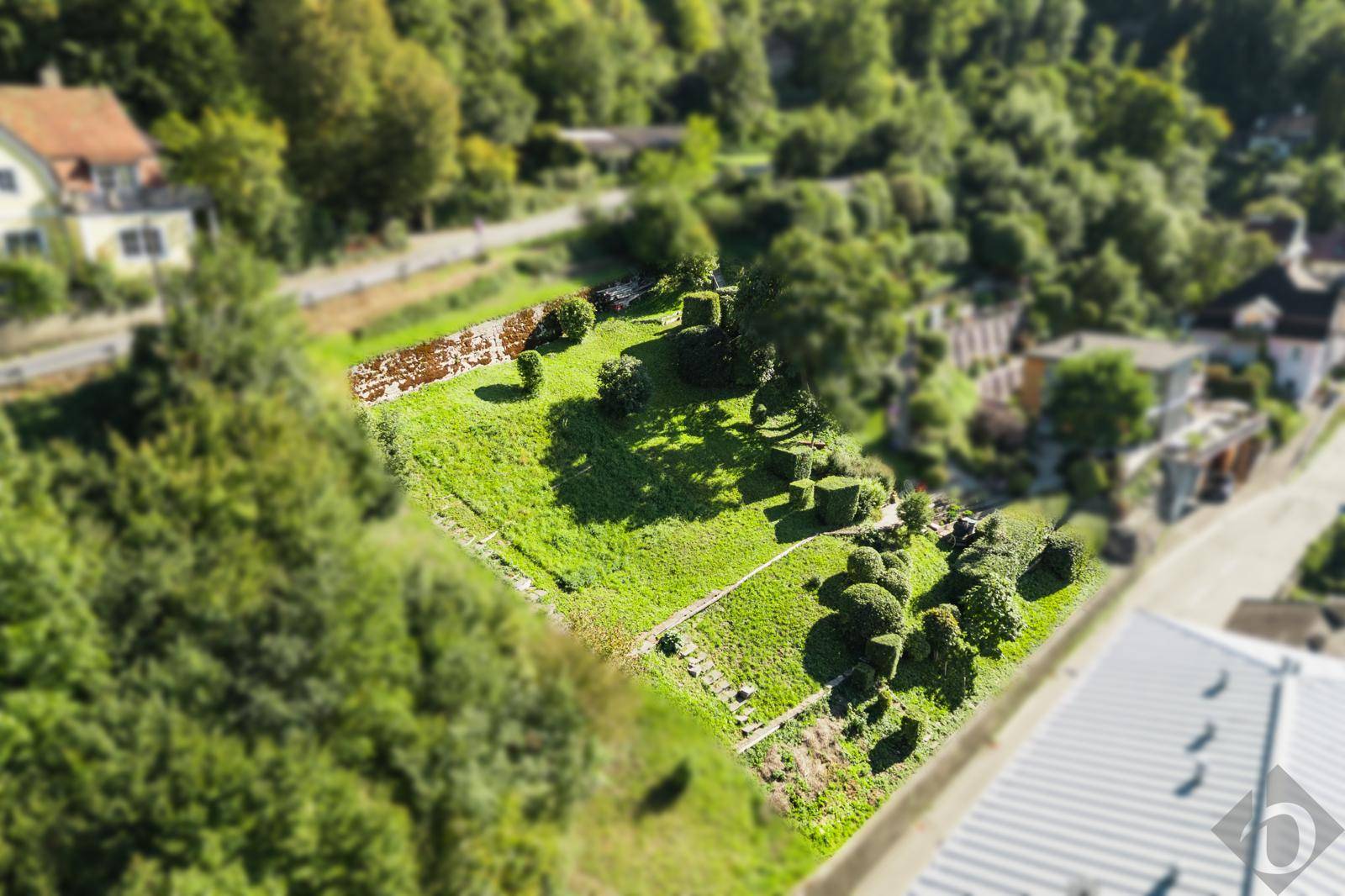 Luftaufnahme eines grünen Gartengrundstücks mit verschiedenen Pflanzen und Terrassenbereichen.