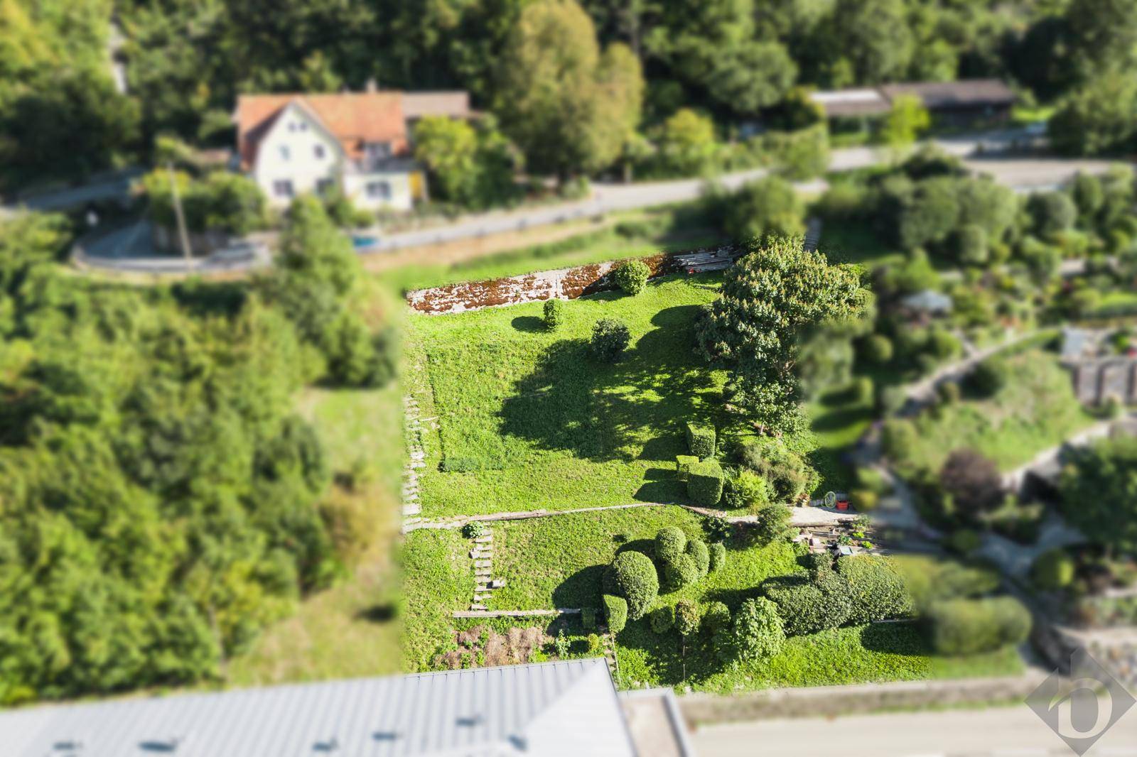 Luftaufnahme eines grünen Gartengrundstücks mit terrassierten Bereichen und gepflegten Büschen.
