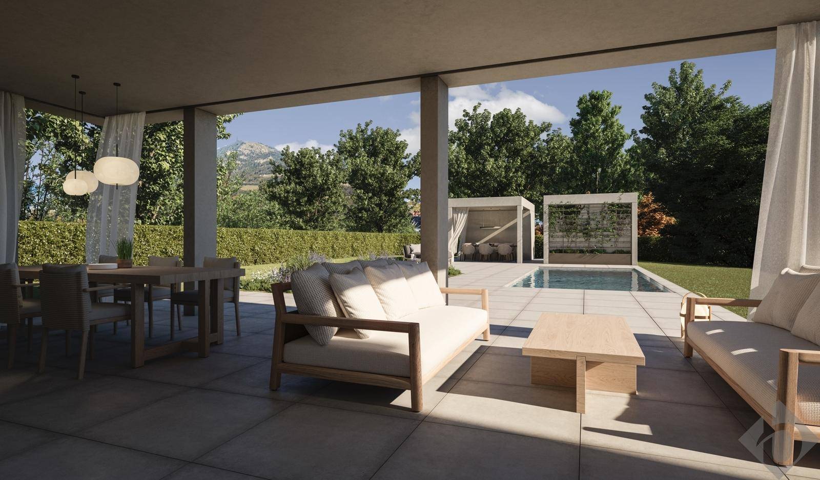 Überdachte Terrasse mit bequemen Lounge-Möbeln, Essbereich und Blick auf den Pool und Garten.