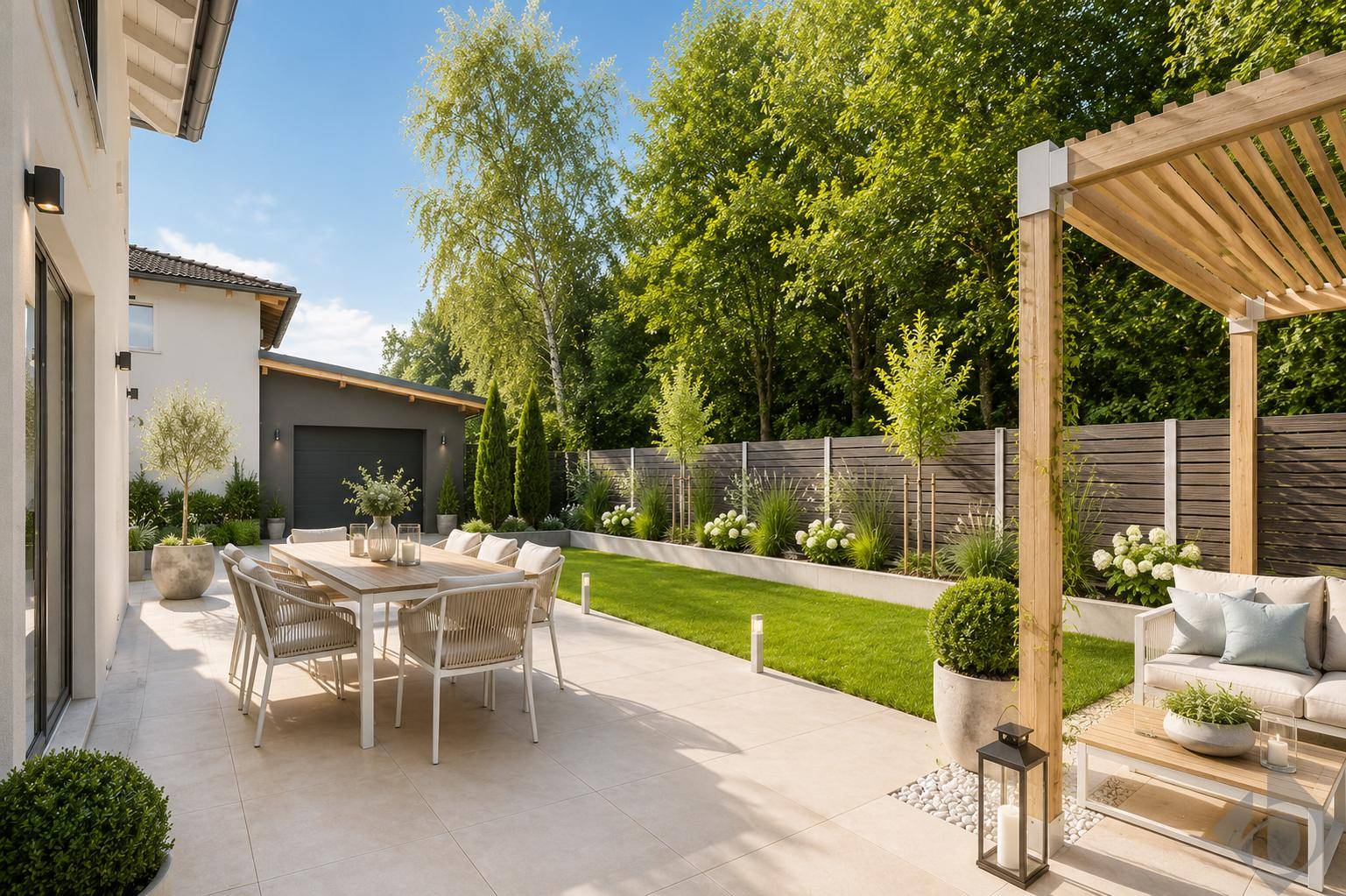 Moderne Terrasse mit Essbereich, Lounge-Möbeln und gepflegtem Garten unter einer Holzpergola.