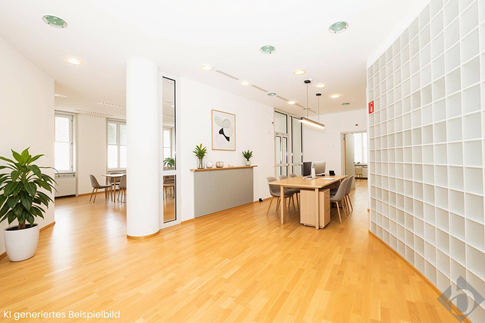 Helles und geräumiges Büro mit Holzfußboden, modernen Möbeln und viel Tageslicht, ideal für eine offene Arbeitsumgebung.