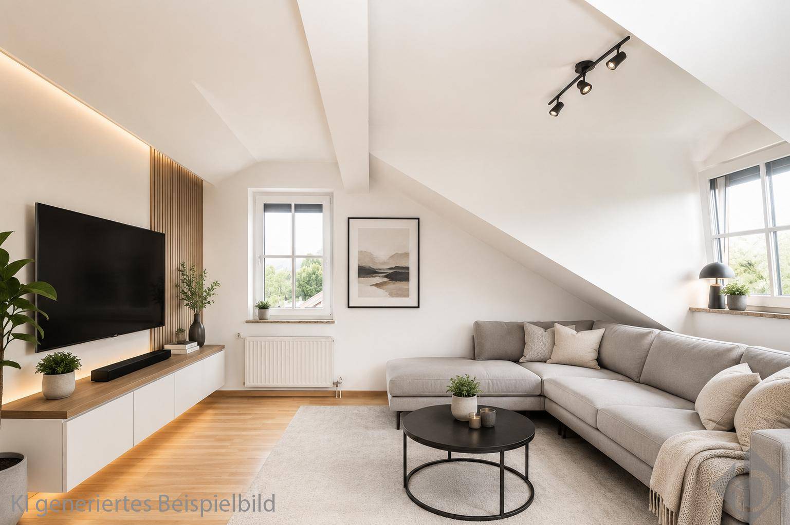 Modernes Wohnzimmer im Dachgeschoss mit großem Ecksofa, TV-Möbel und stilvoller Wandverkleidung.