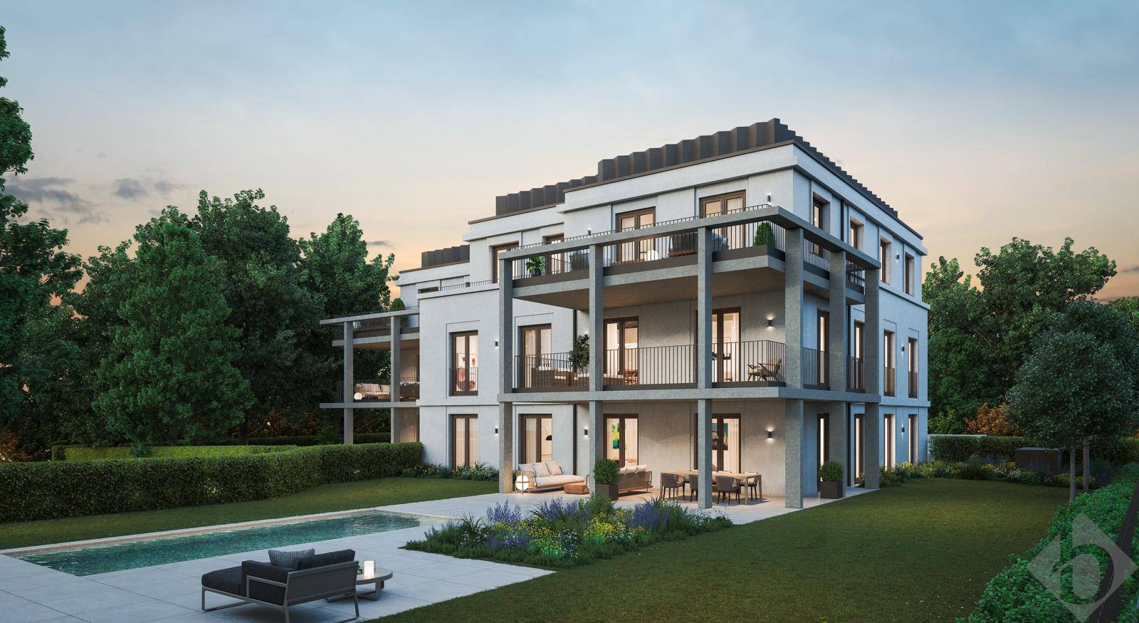 Elegante Wohnanlage bei Sonnenuntergang mit Pool, Terrassen und umgebender Grünfläche.