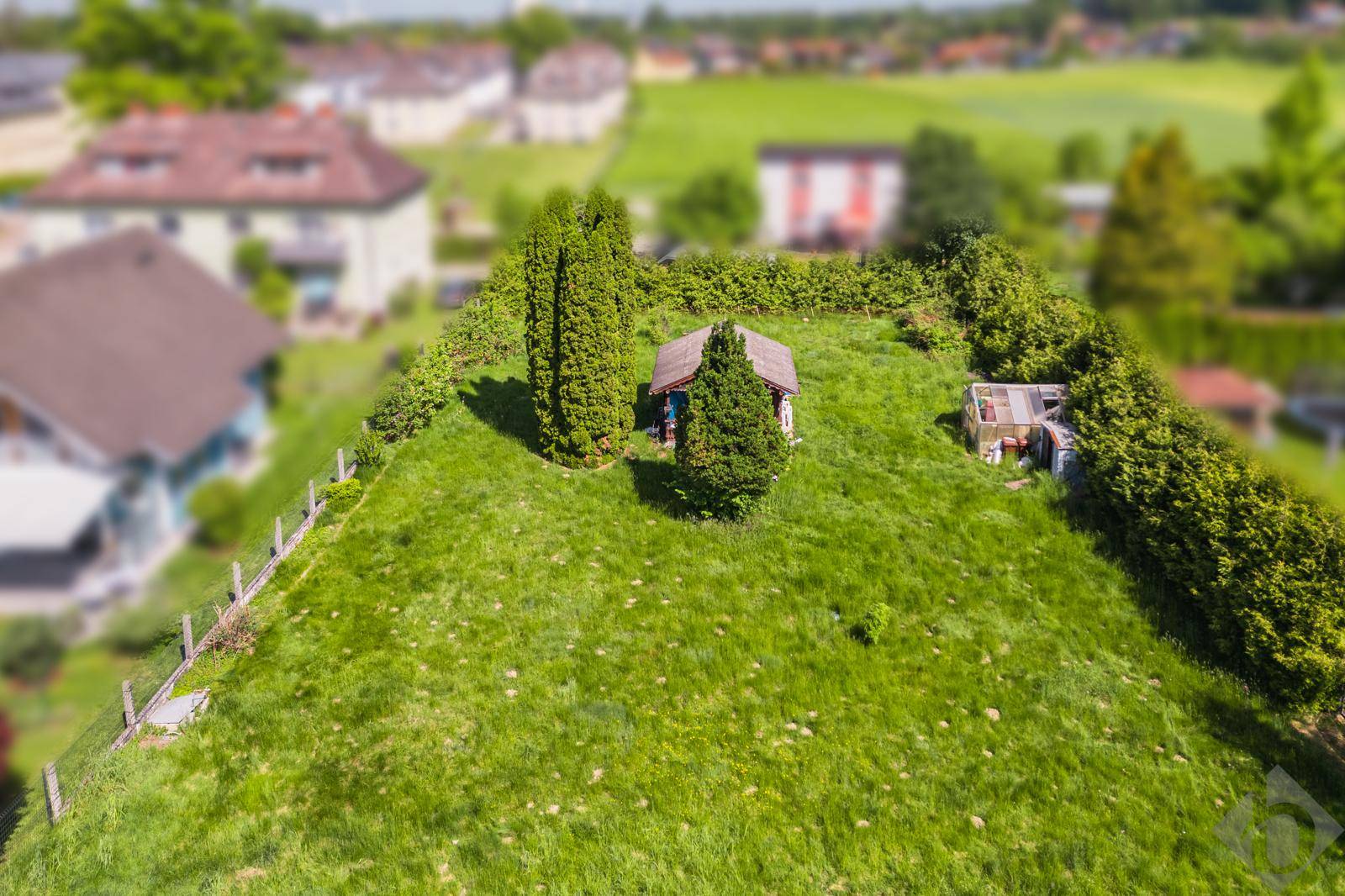 Luftaufnahme eines grünen Grundstücks mit einem kleinen Gartenhaus, umgeben von Hecken und Häusern.