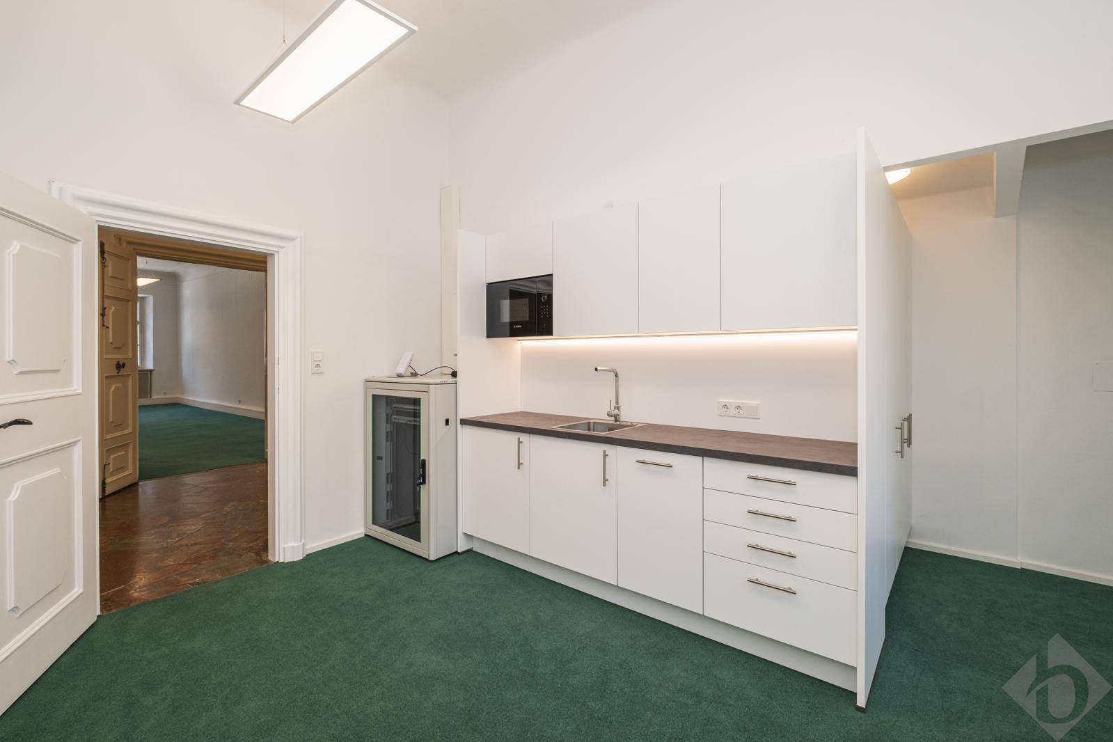 Kleine, moderne Küchenzeile mit weißen Schränken, Spüle und Mikrowelle, angrenzend an einen Raum mit grünem Teppich.