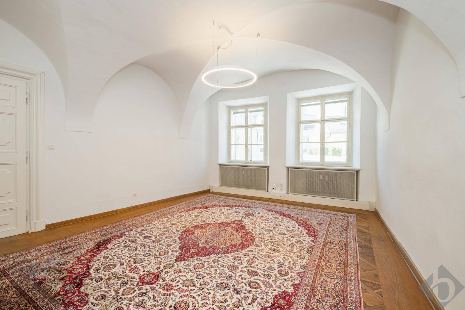 Geräumiger Raum mit Gewölbedecke, zwei Fenstern, Parkettboden und einem großen, gemusterten Teppich.