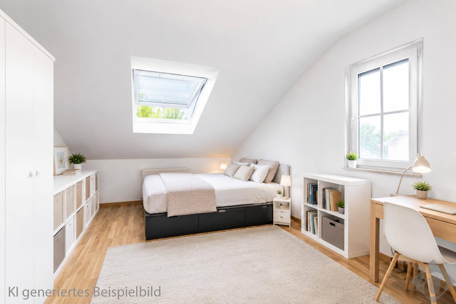 Helles Schlafzimmer im Dachgeschoss mit Bett, Schreibtisch, weißem Kleiderschrank und zwei Fenstern.