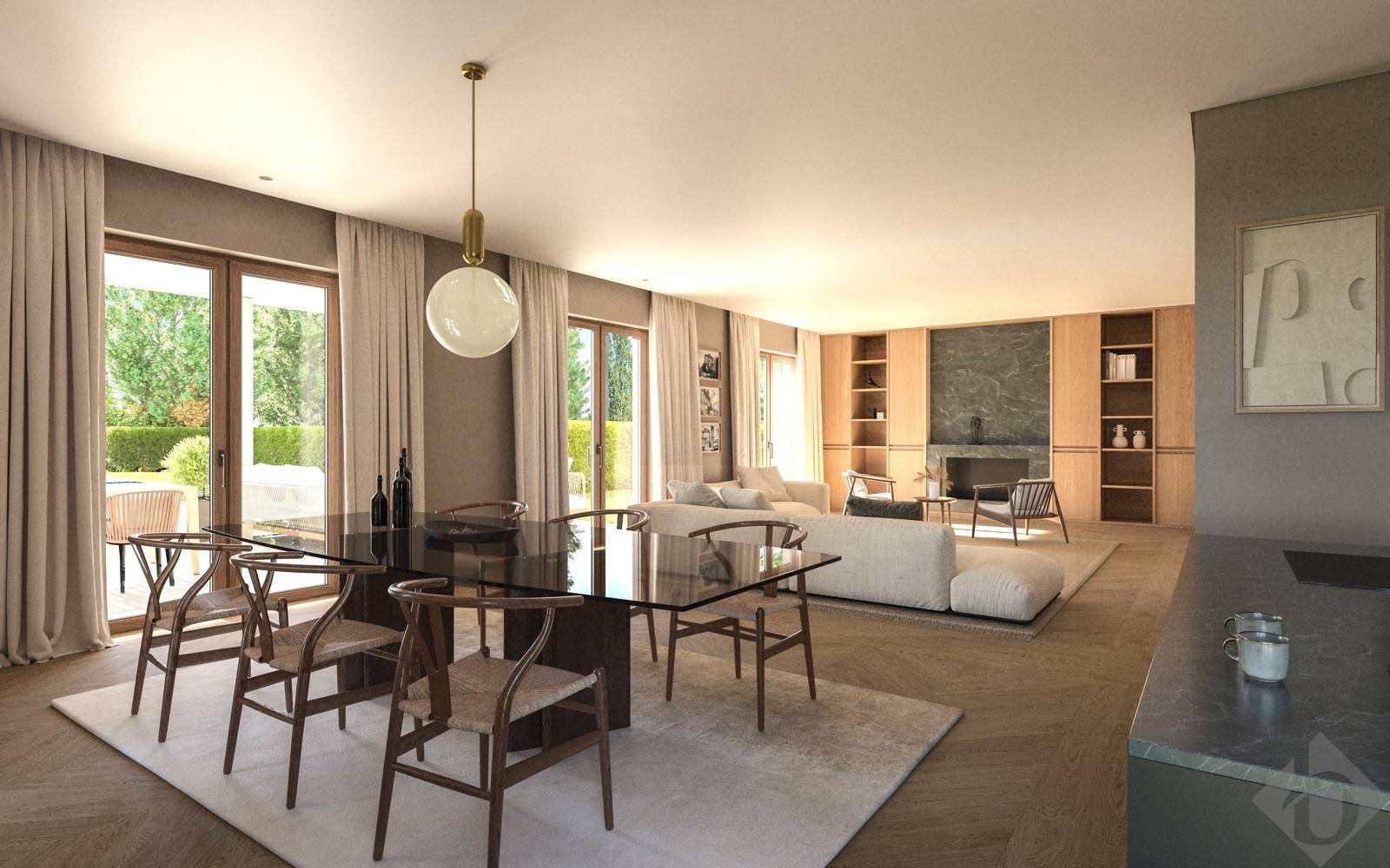 Geräumiger Wohn-Essbereich mit elegantem Esstisch, bequemer Sitzecke und Zugang zum Garten.