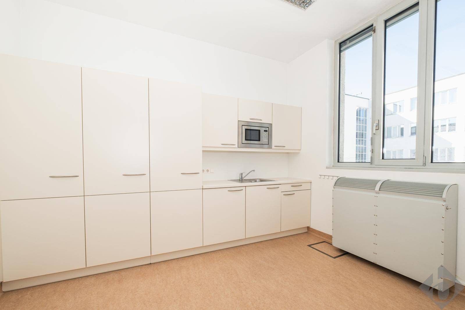 Kompakte Küchenzeile mit weißen Schränken, Spüle, Mikrowelle und großem Fenster in einem hellen Raum.