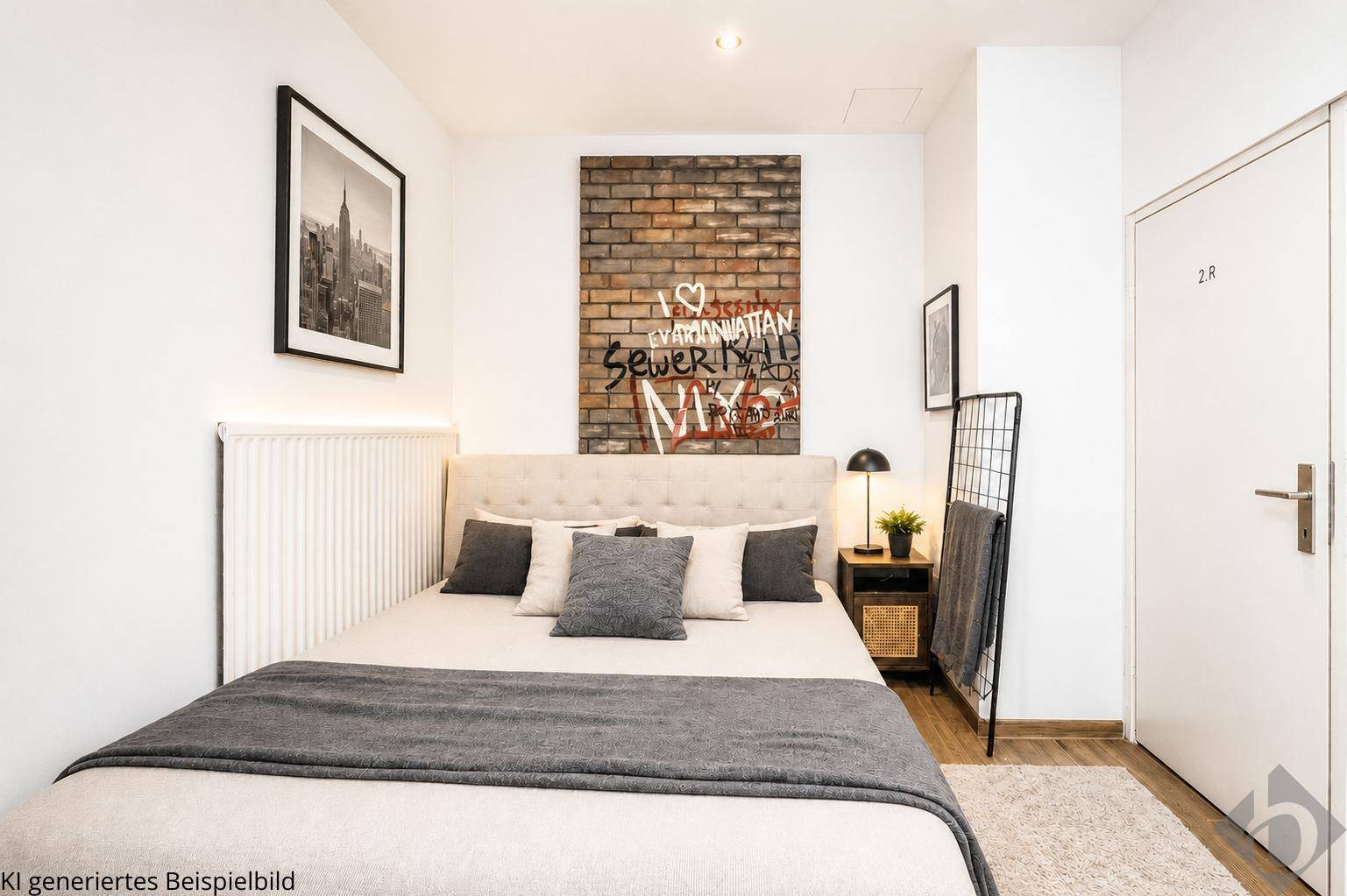 Gemütliches Schlafzimmer mit Doppelbett, modernem Kunstwerk und Teppichboden.