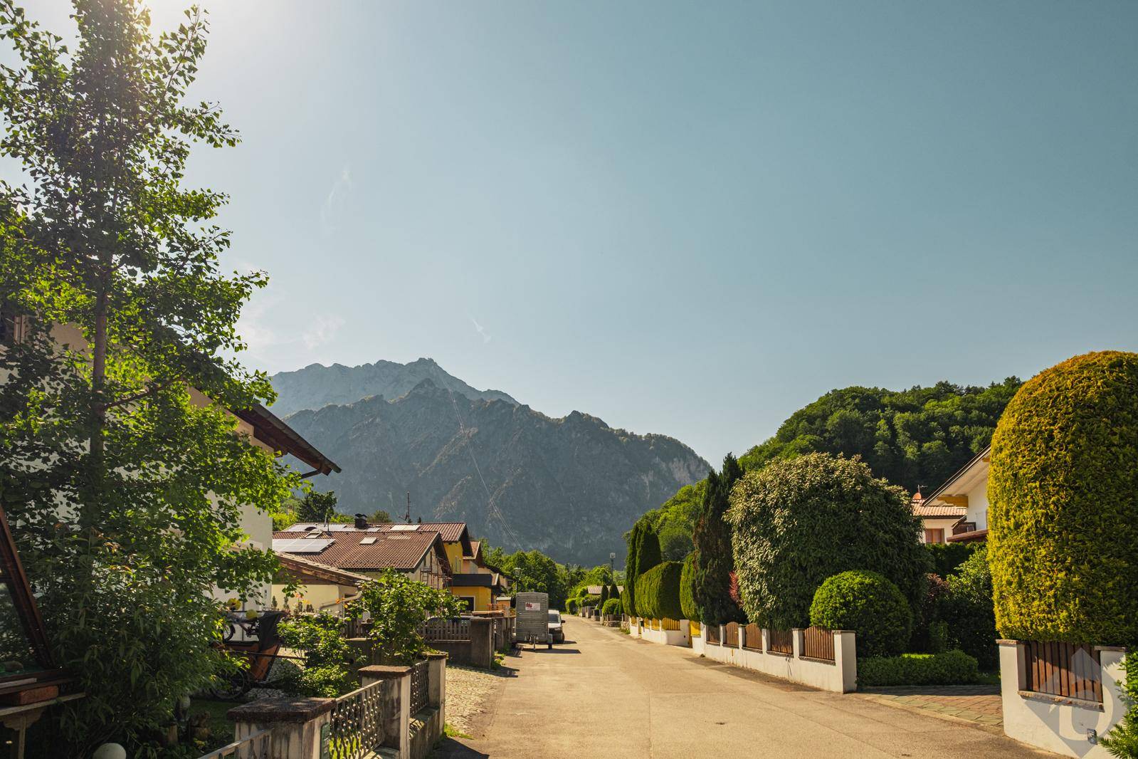 Ruhige Wohnstraße mit Häusern und Bäumen, im Hintergrund majestätische Berge.