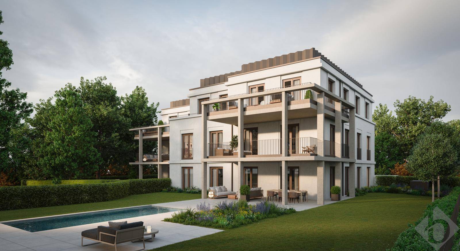 Moderne Wohnanlage mit mehreren Balkonen, Terrassen, Garten und einem Swimmingpool.