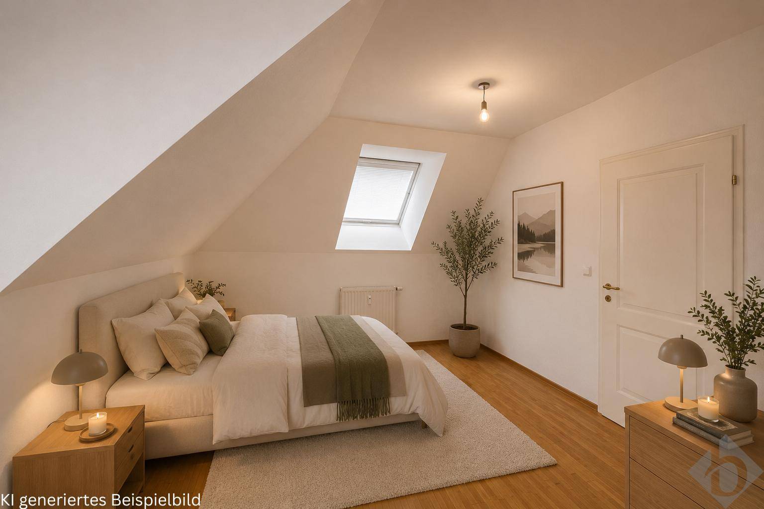 Helles Schlafzimmer in der Dachgeschosswohnung mit Holzboden und Dachfenster für viel Tageslicht.