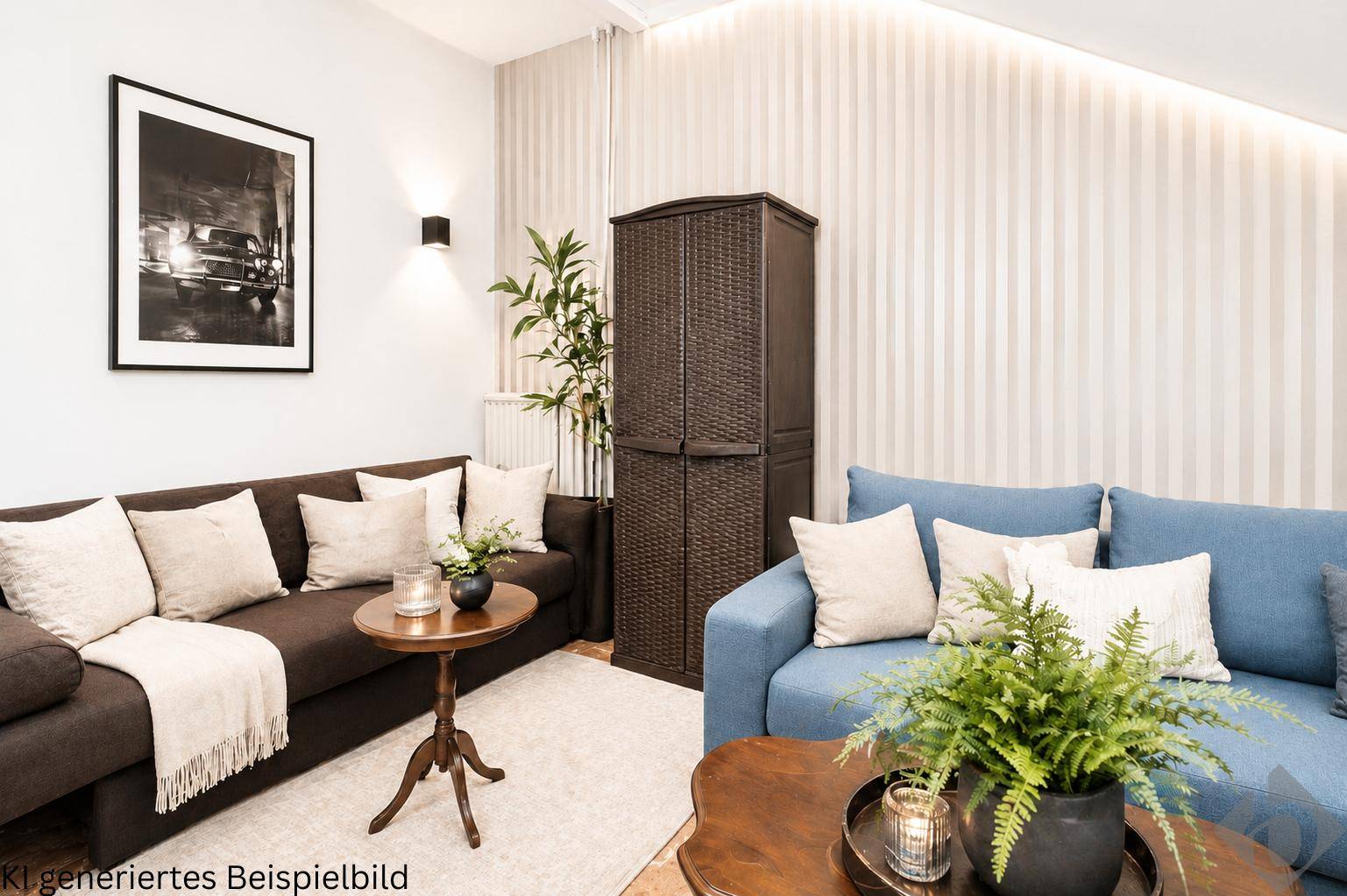 Helles Wohnzimmer mit zwei bequemen Sofas, Couchtisch und dekorativem Schrank.