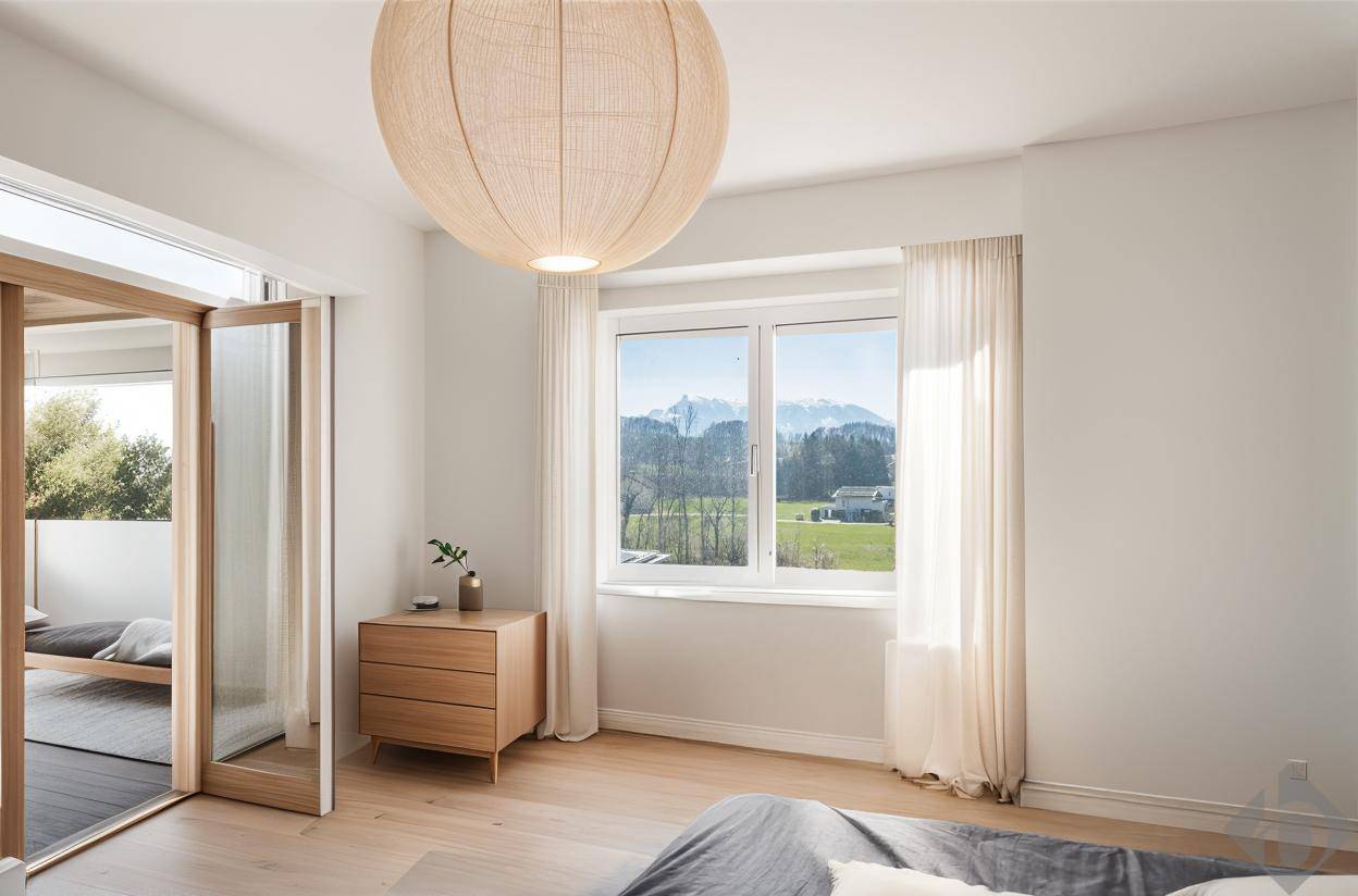 Helles Schlafzimmer mit Holzboden, großem Fenster und direktem Zugang zum Balkon mit Bergblick.