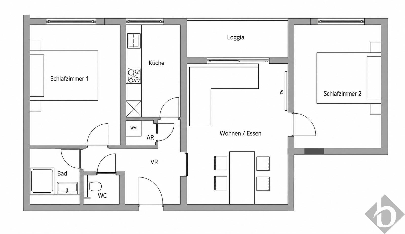 Grundriss einer Wohnung mit zwei Schlafzimmern, offenem Wohn-/Essbereich und Loggia.