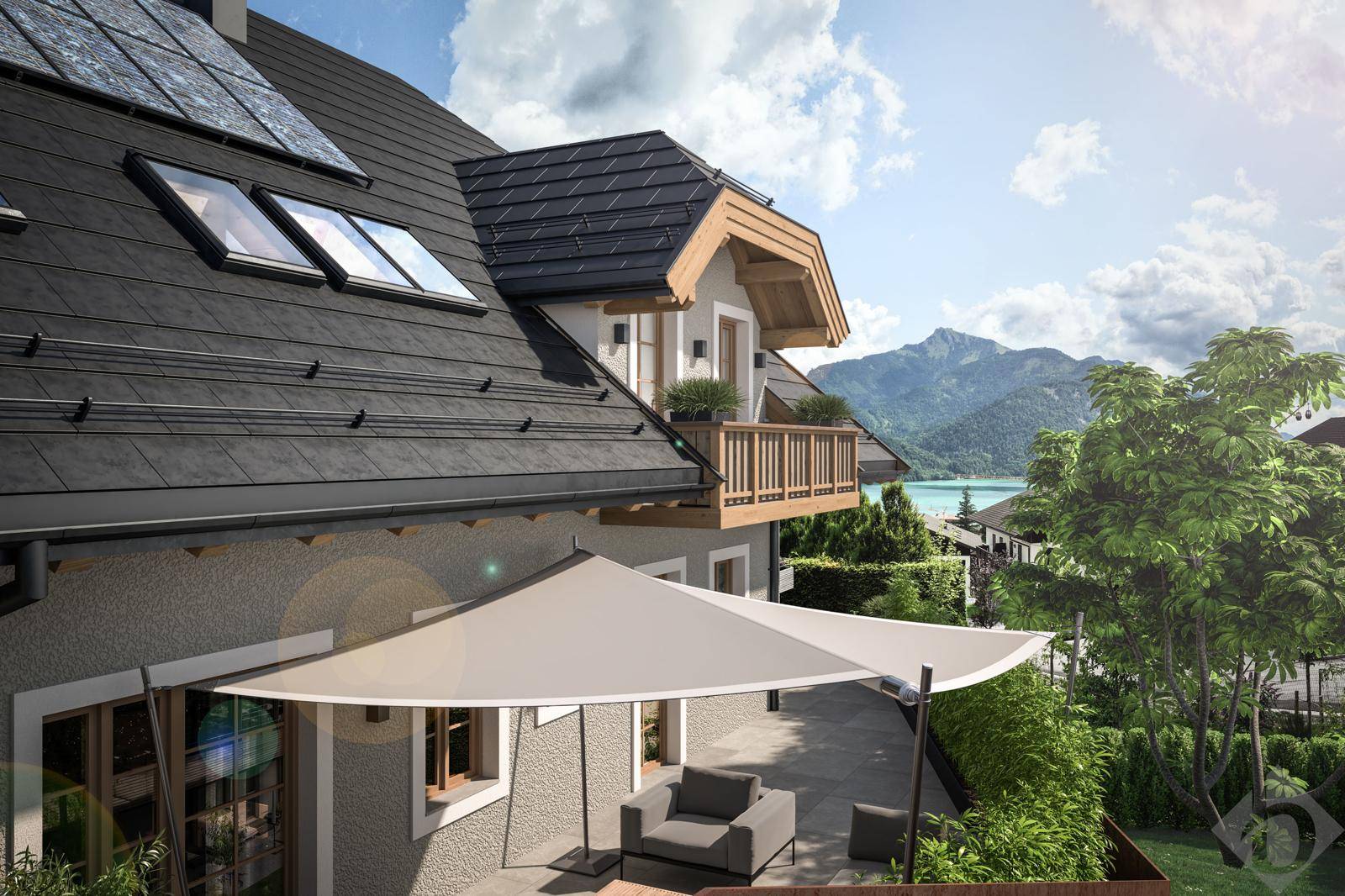 Moderne Terrasse mit Outdoor-Möbeln und Blick auf den See sowie die umliegenden Berge.