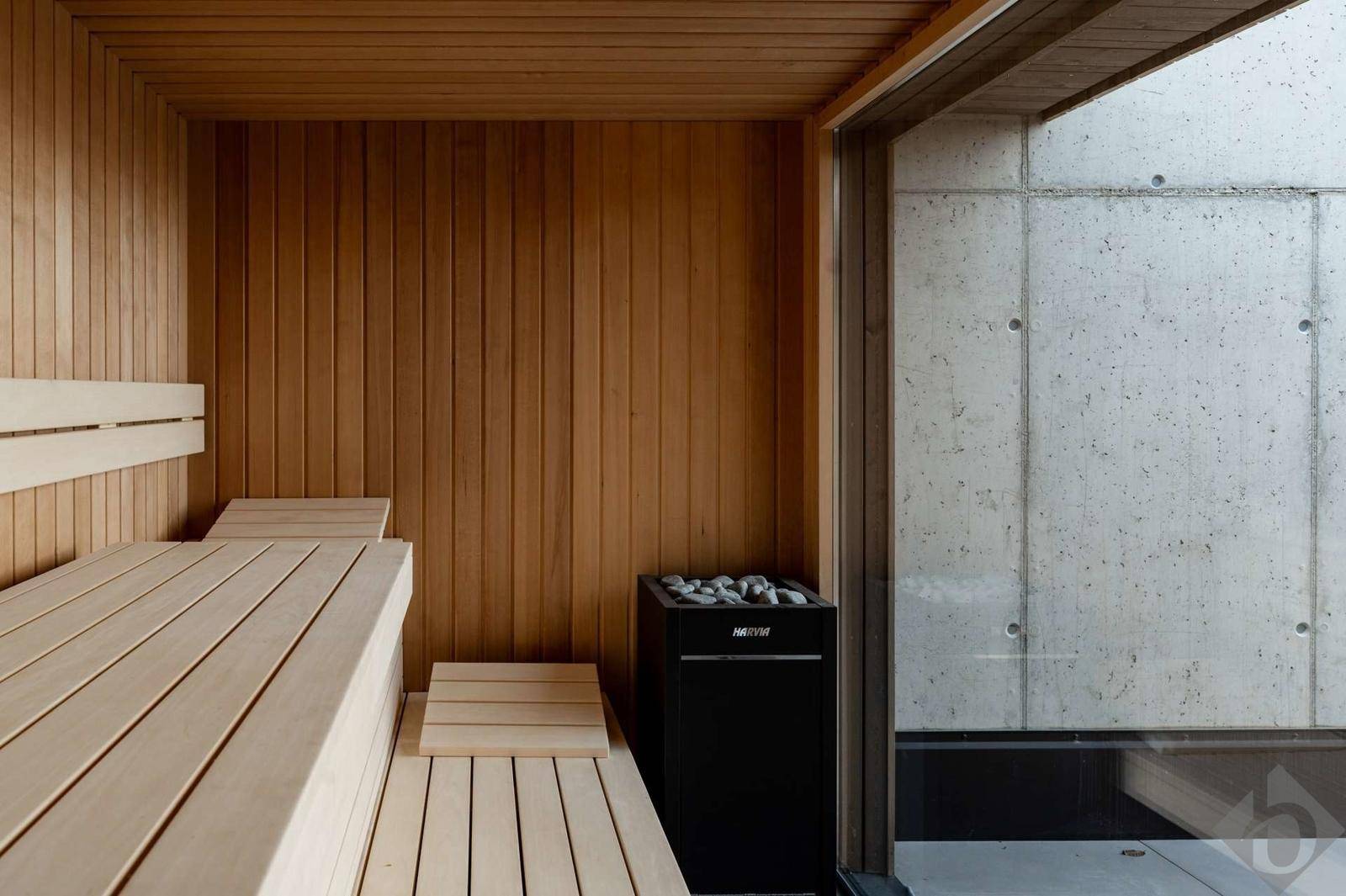Moderne Holzsauna mit Heizofen und Blick nach draußen, ideal zur Entspannung und Erholung.