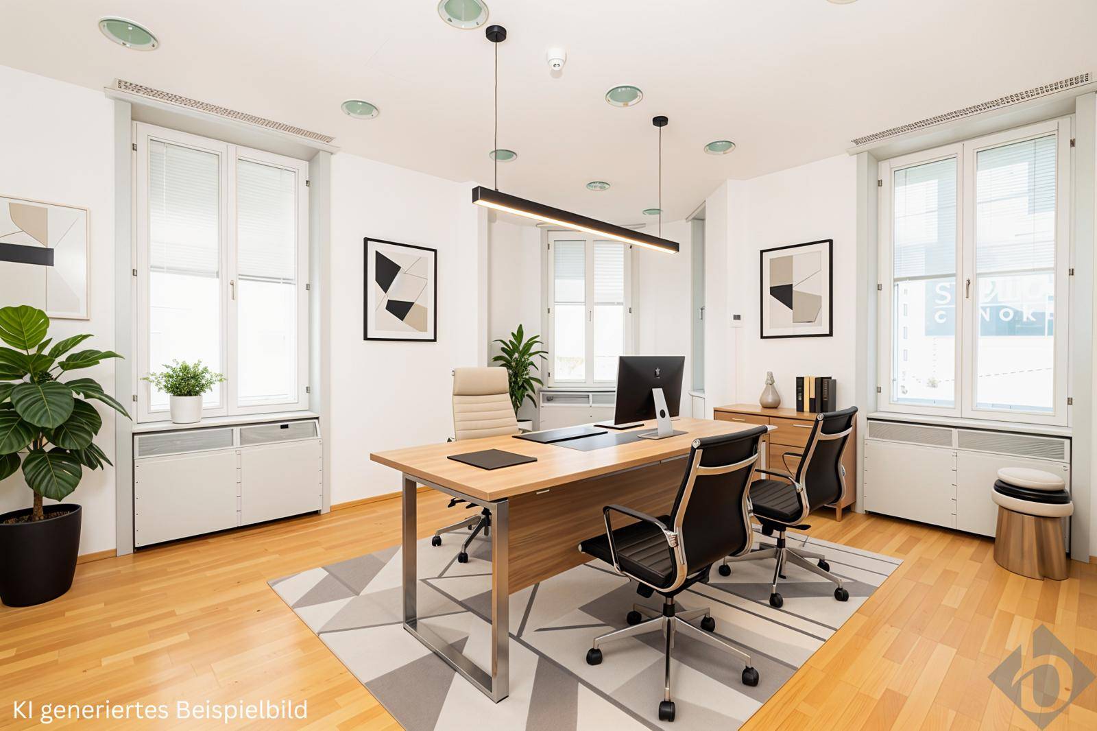 Modernes Einzelbüro mit hellem Holzschreibtisch, ergonomischen Stühlen und großen Fenstern für viel Tageslicht.