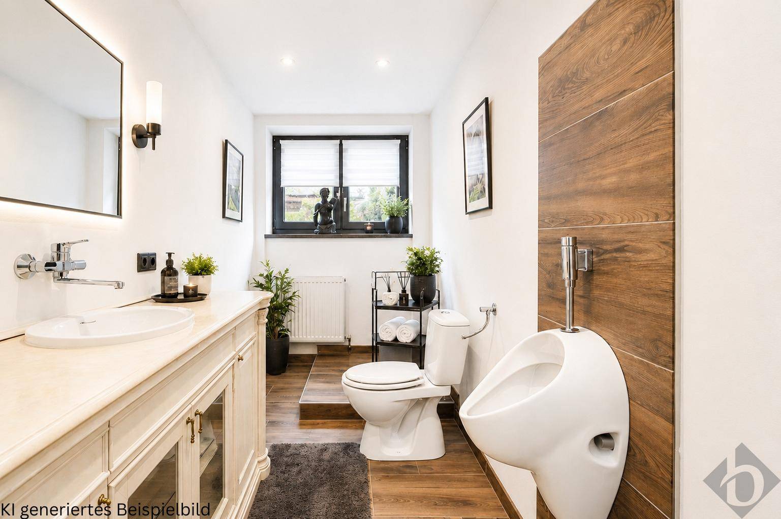 Modernes Badezimmer mit Waschtisch, Toilette, Urinal und Fenster für Tageslicht.