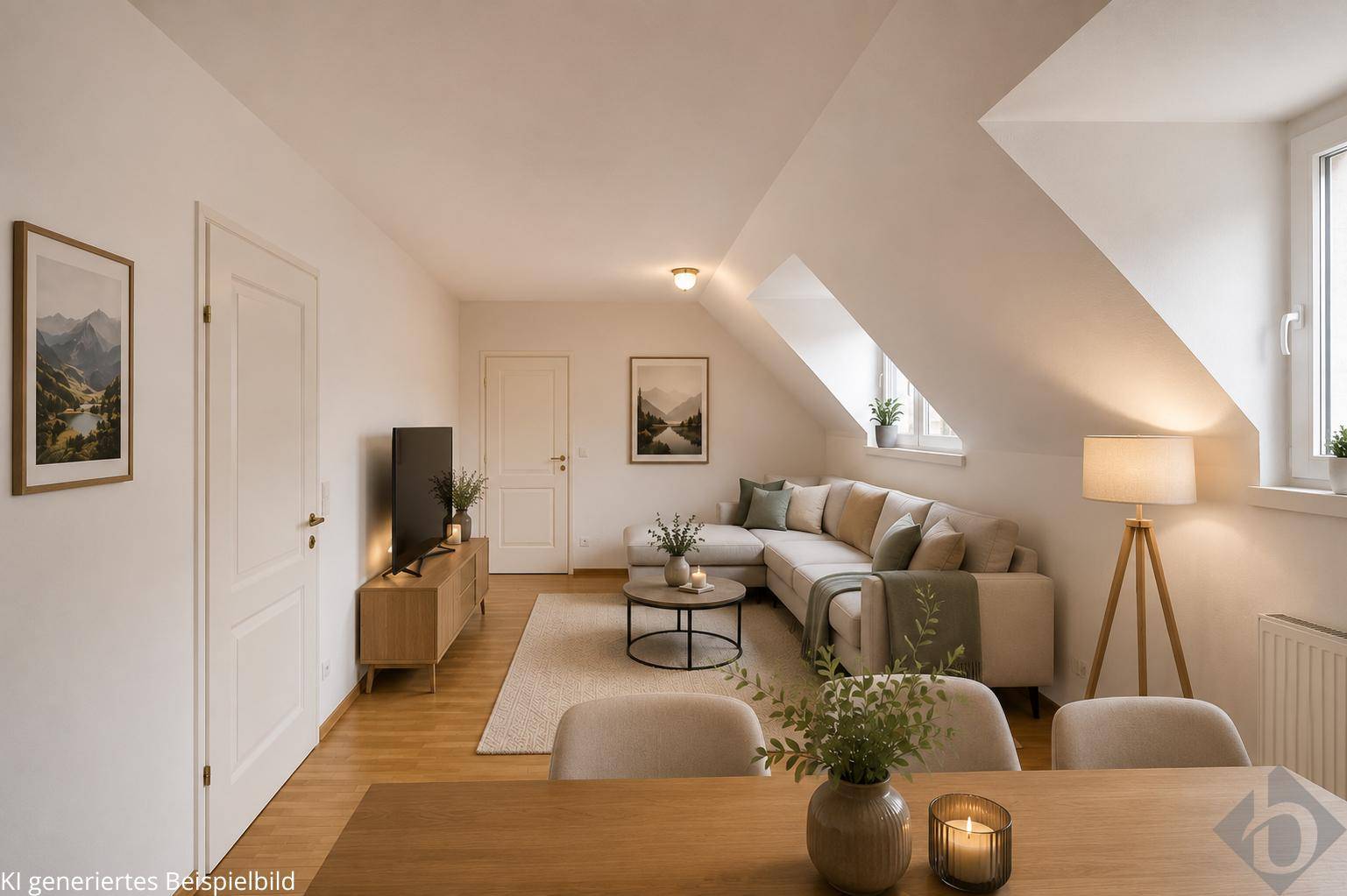 Gemütlicher Wohnbereich mit Ecksofa und Blick auf den Essbereich in der Dachgeschosswohnung.