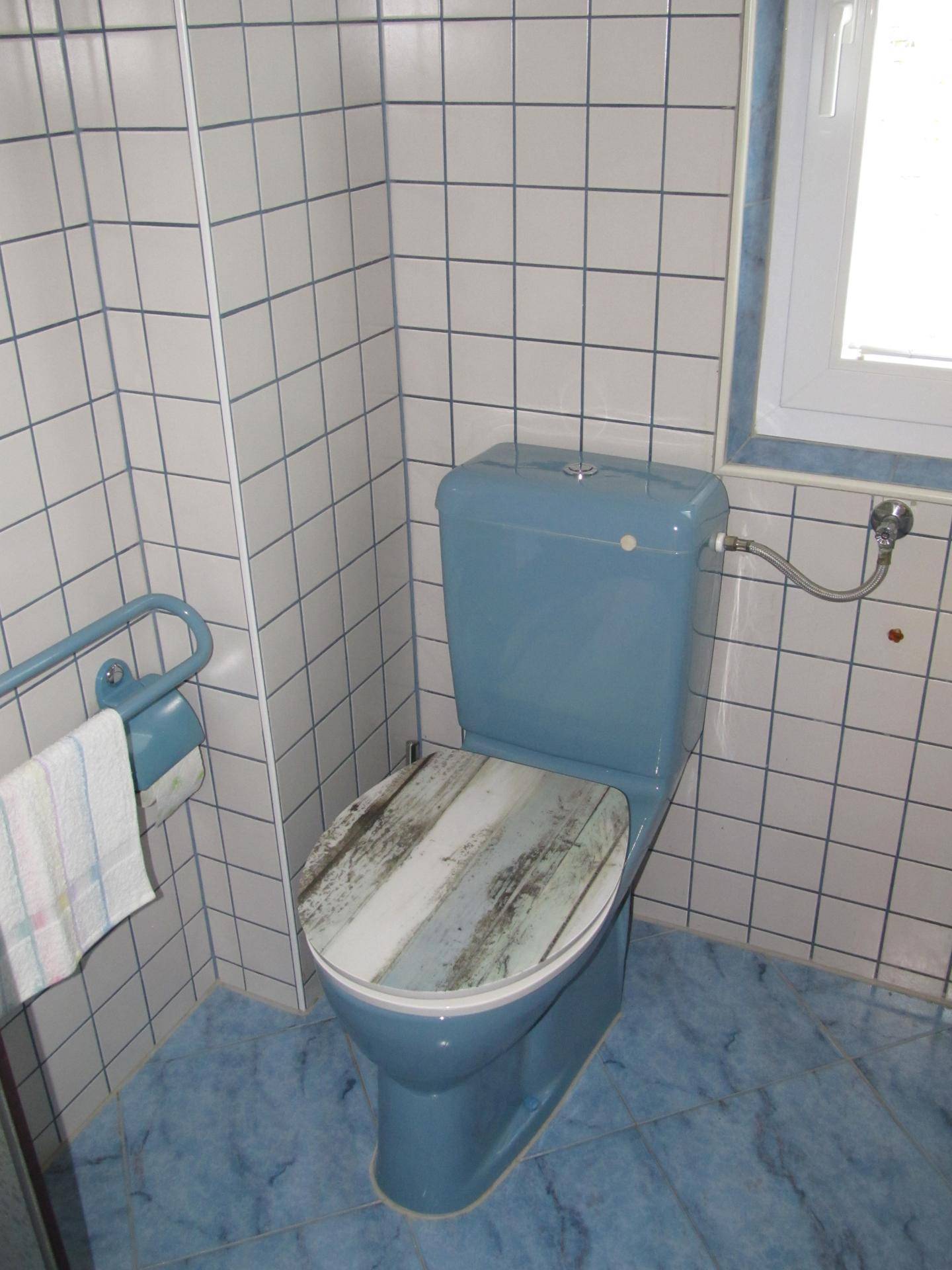 Toilette mit blauer Keramik, weißen Fliesen und einem Fenster.