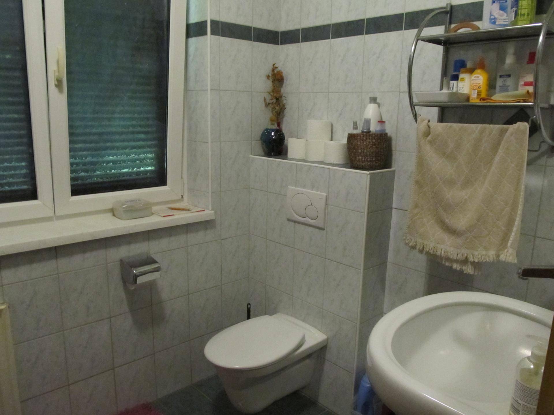 Kleines WC mit Wand-WC, Waschbecken und Fliesen in Hellgrau und Dunkelblau.