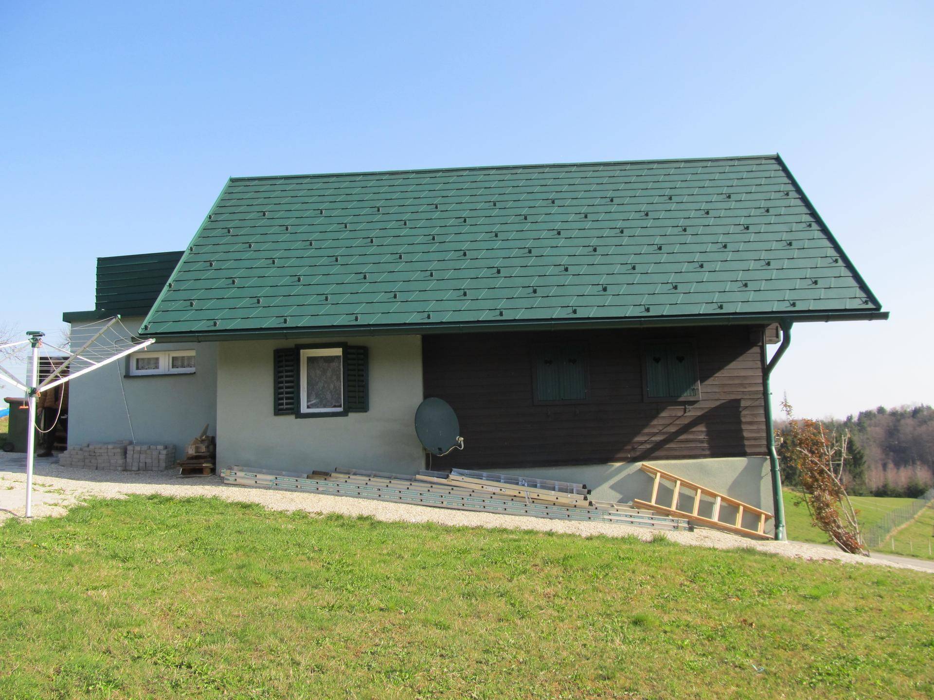 Rückansicht des Hauses mit grünem Dach und Holzfassade in ländlicher Umgebung.