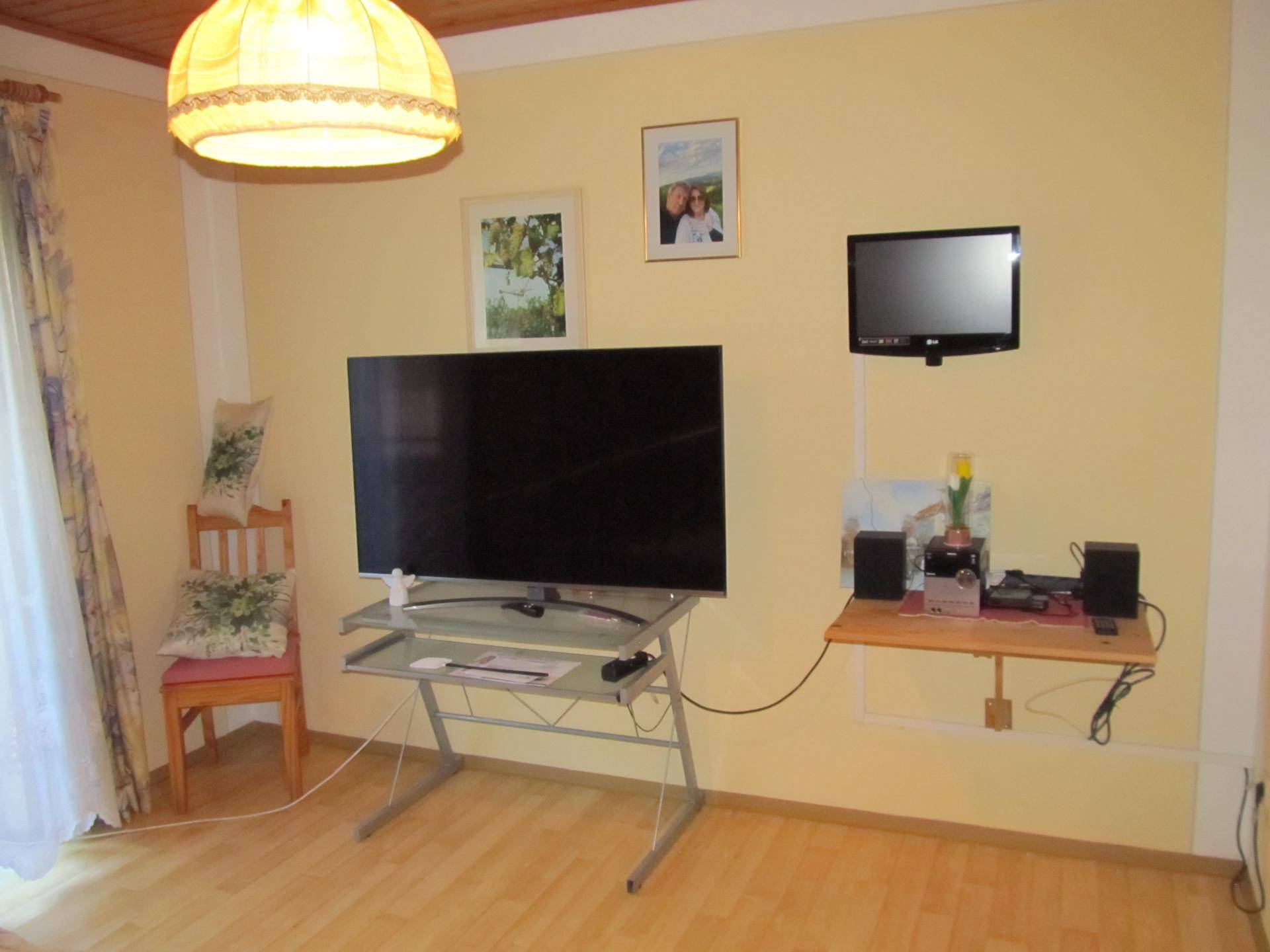 Wohnbereich mit zwei Fernsehern, Holzdecke und hellem Holzboden.