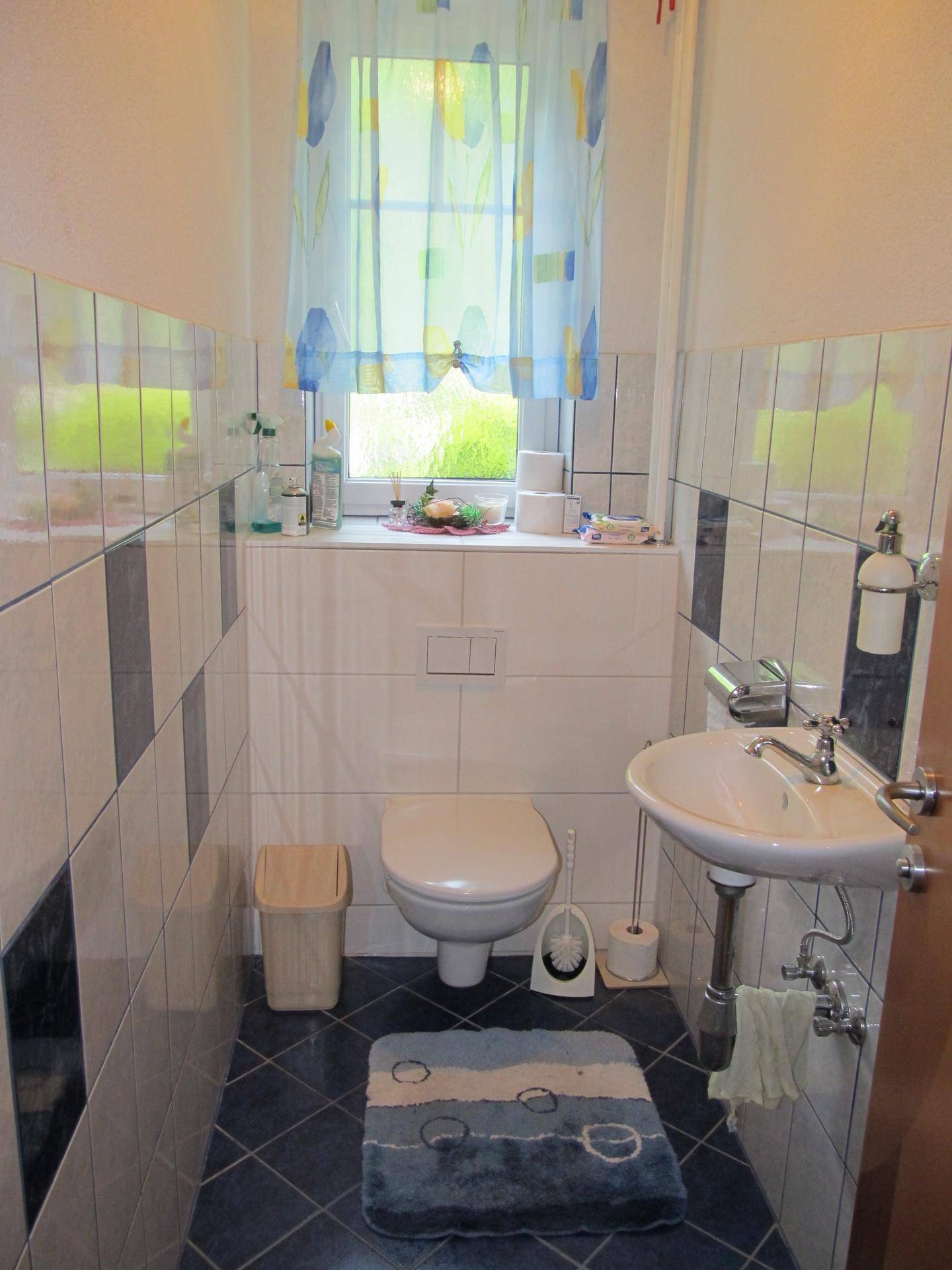 Kleines Gäste-WC mit blauen und weißen Fliesen, Fenster und Wand-WC.