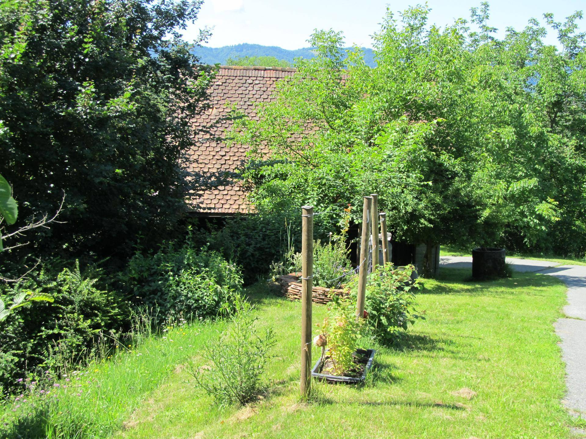 Grüner Gartenbereich mit Hochbeeten und einem traditionellen Ziegeldach im Hintergrund.