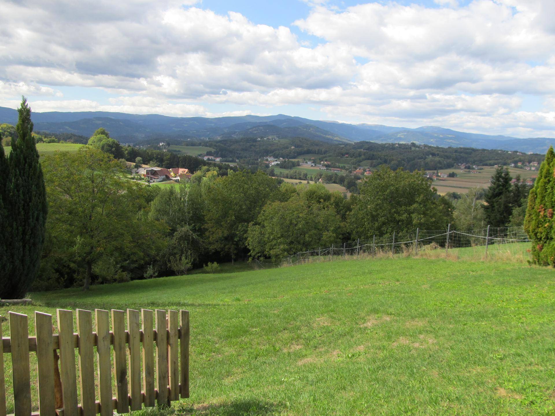 Weitläufige grüne Landschaft mit sanften Hügeln und Bäumen unter einem bewölkten Himmel, begrenzt von einem Holzzaun.
