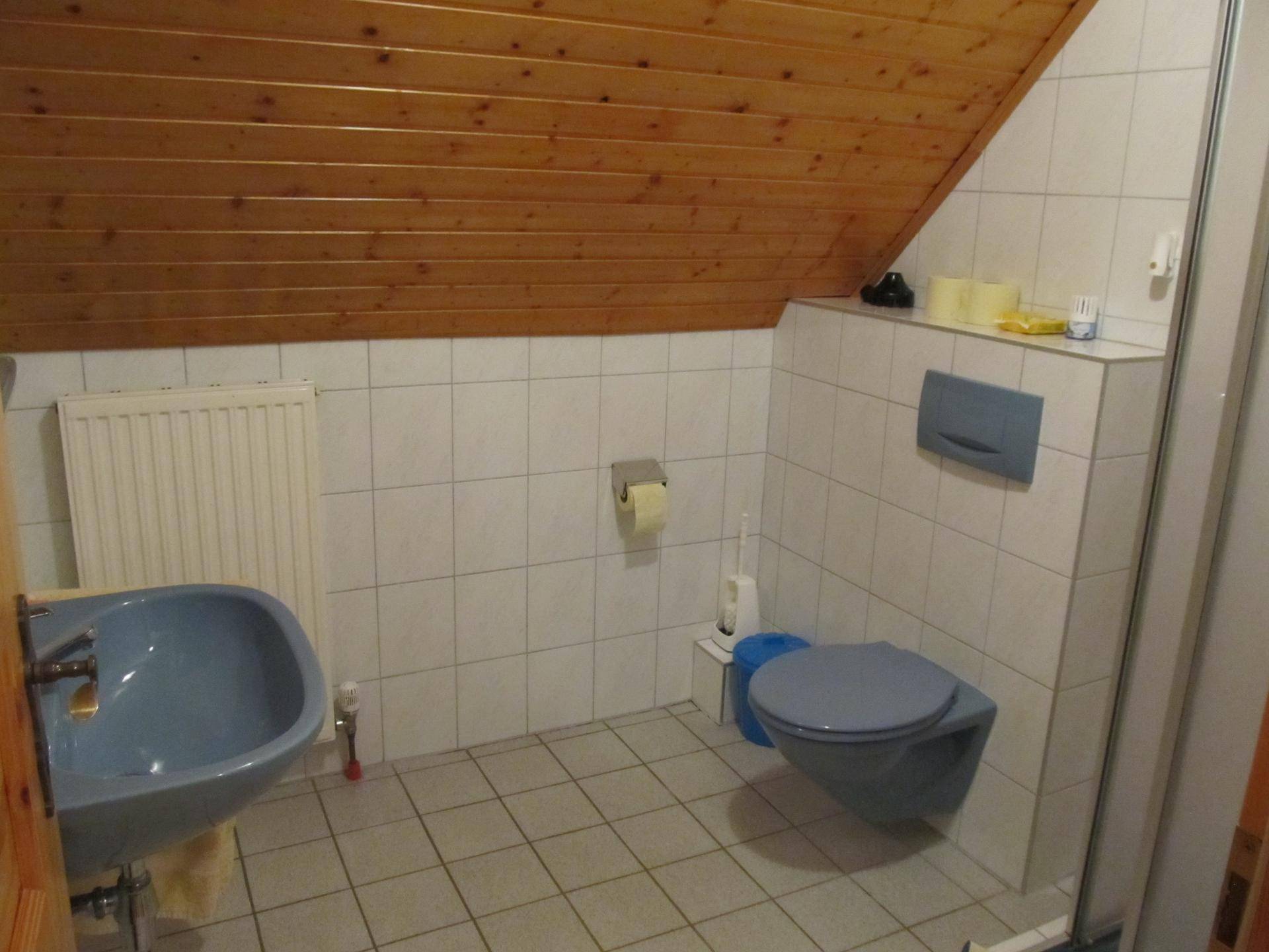 Badezimmer mit Dachschräge, Holzverkleidung, weißen Fliesen und blauer Sanitärausstattung.