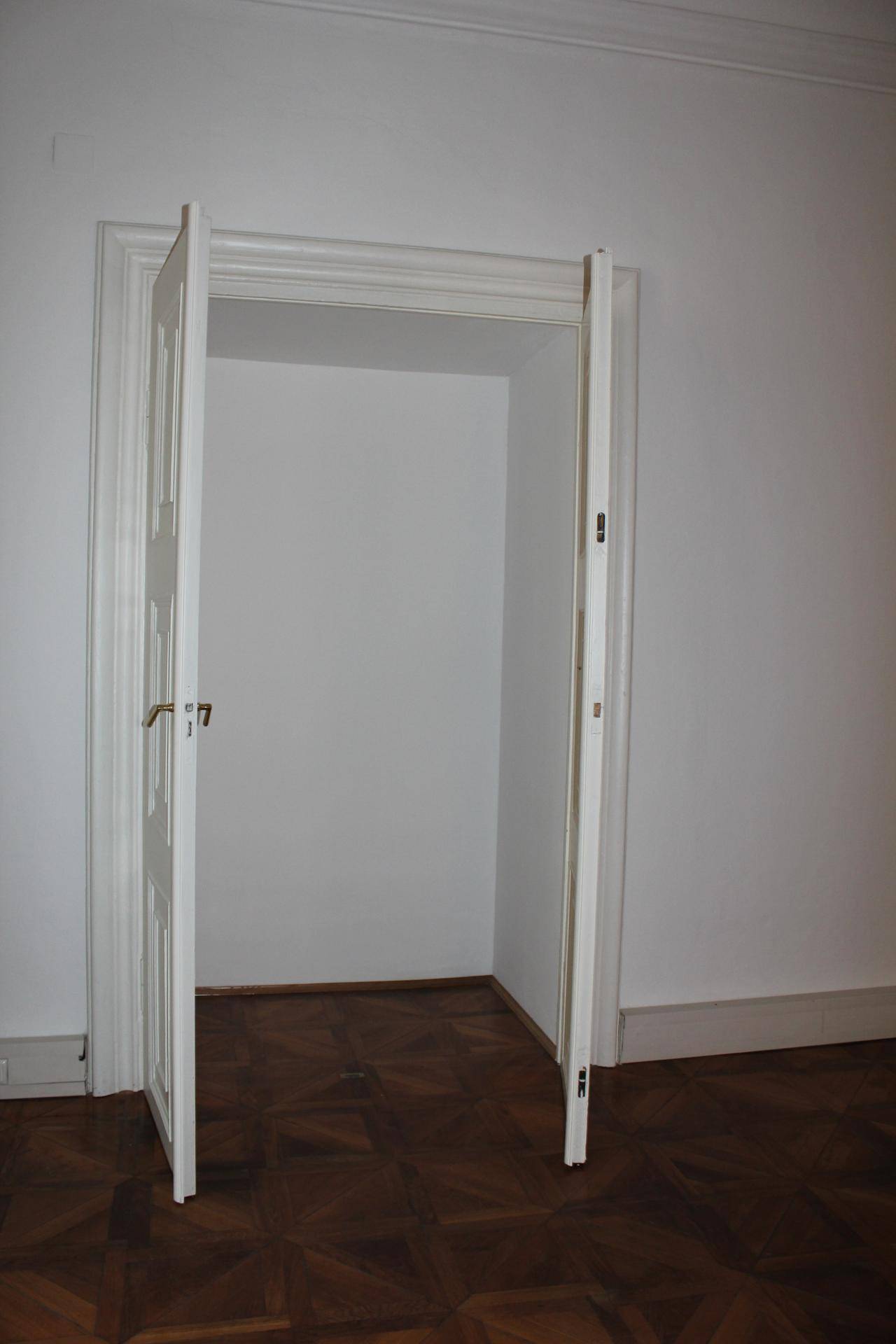 Kleiner Abstellraum oder Nische mit Holztüren und Parkettboden, ideal für zusätzlichen Stauraum im Bürokomplex.