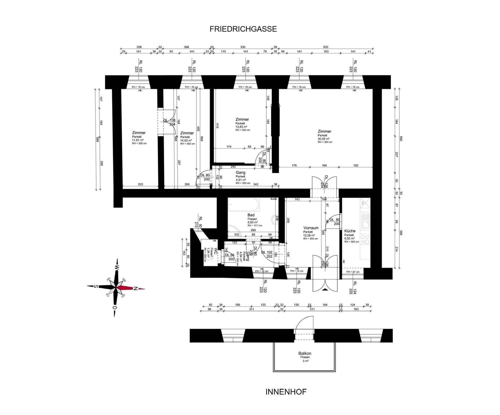 Detaillierter Grundriss der Wohnung mit mehreren Zimmern, Bad, Küche und Balkon.