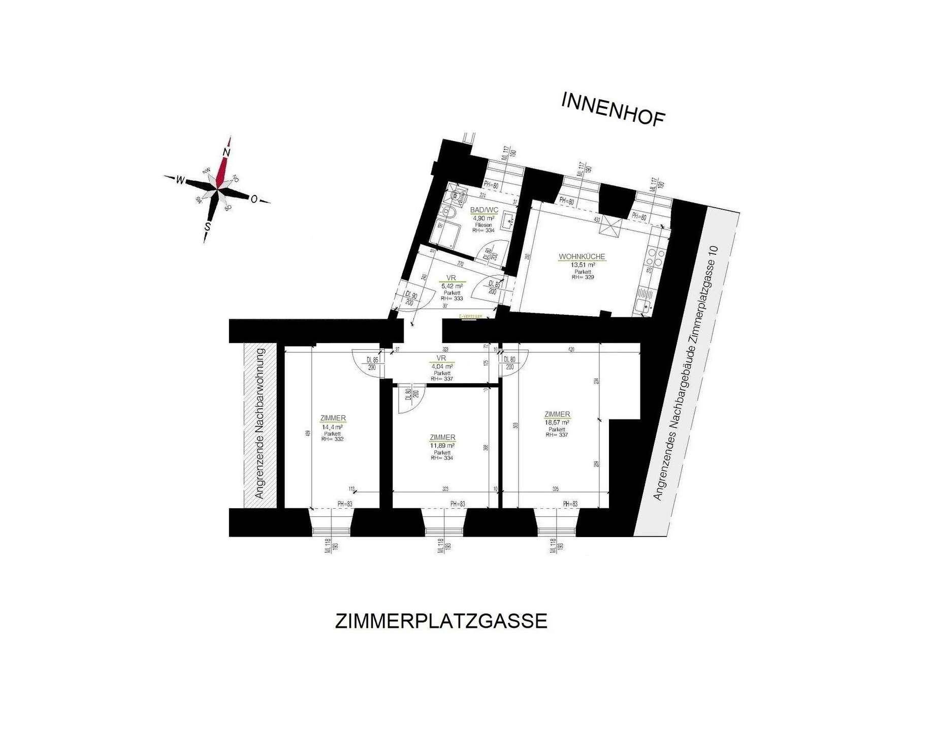 Detaillierter Grundriss der Wohnung mit Zimmern, Bad und Wohnküche.