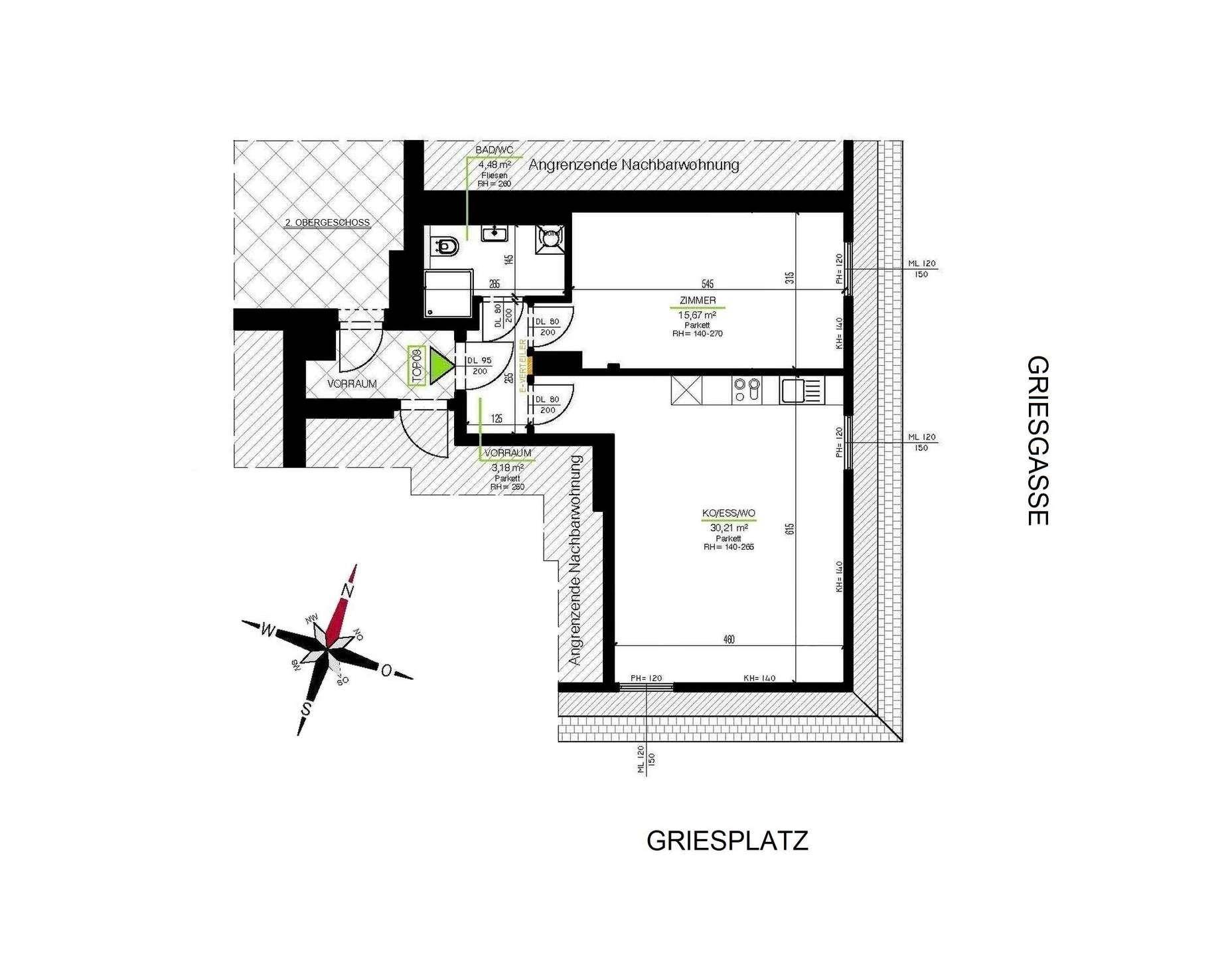 Grundriss einer Wohnung mit offenem Wohnbereich, Schlafzimmer und Badezimmer.